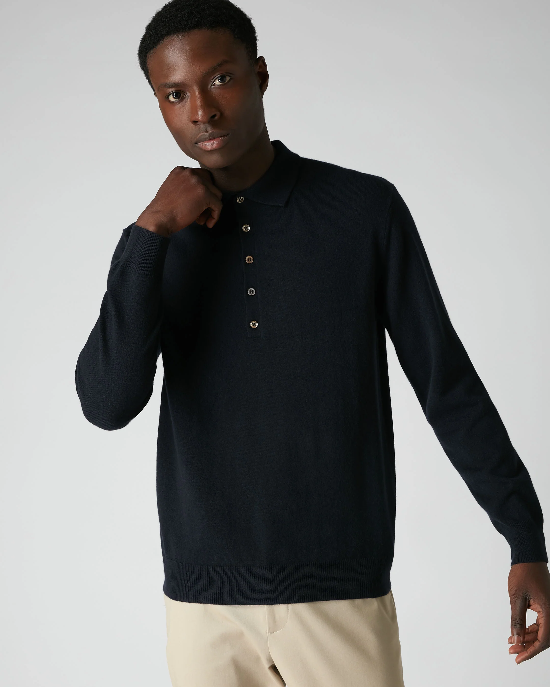 007 5 Button Cashmere Polo Shirt Navy Blue - Image 4