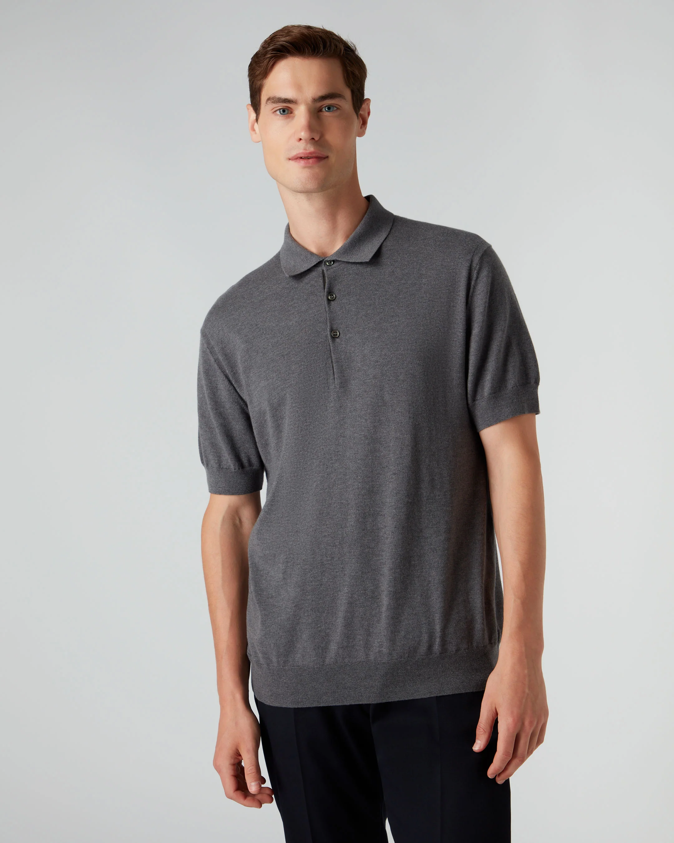 007 Short Sleeve Cotton Cashmere Collared Polo T-Shirt Smoke Grey - Image 7