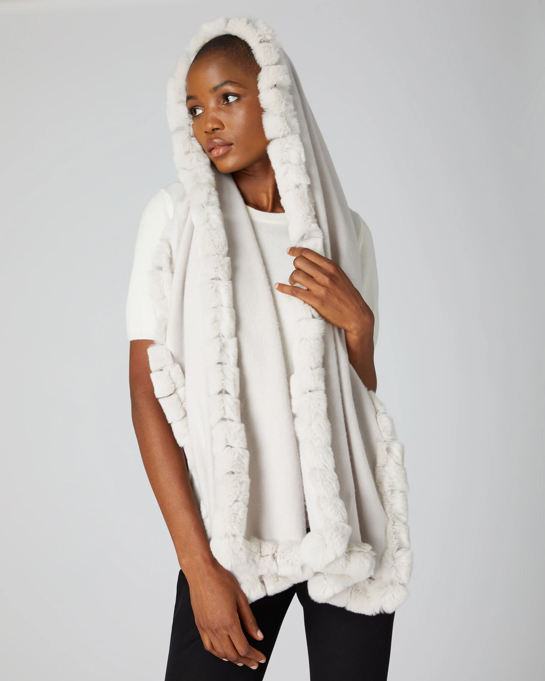 Women's Meribel Woven Fur Trim Scarf Snow Grey - Image 3