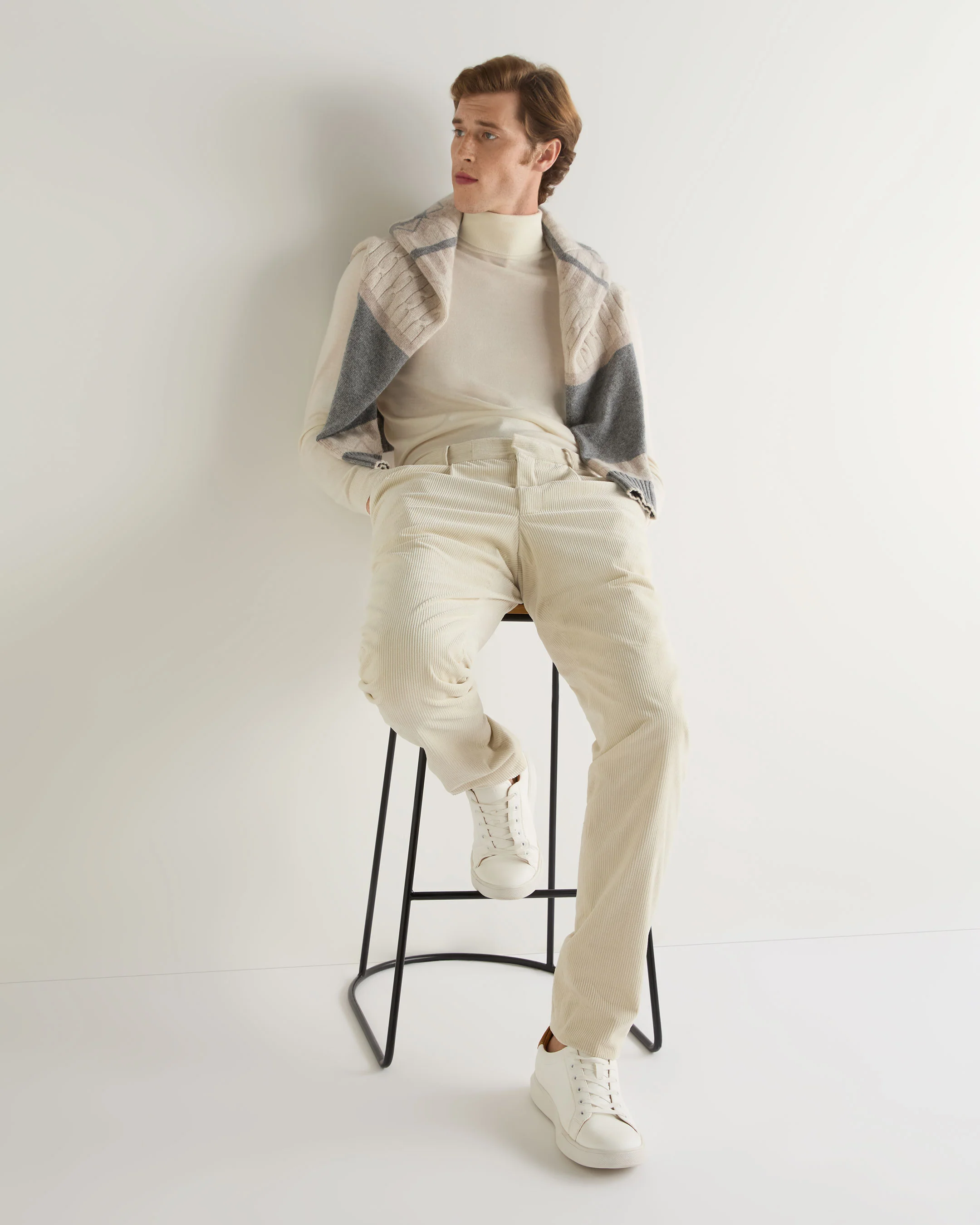 Men's Pimlico Fine Gauge Cashmere Roll Neck Jumper New Ivory White - Image 3