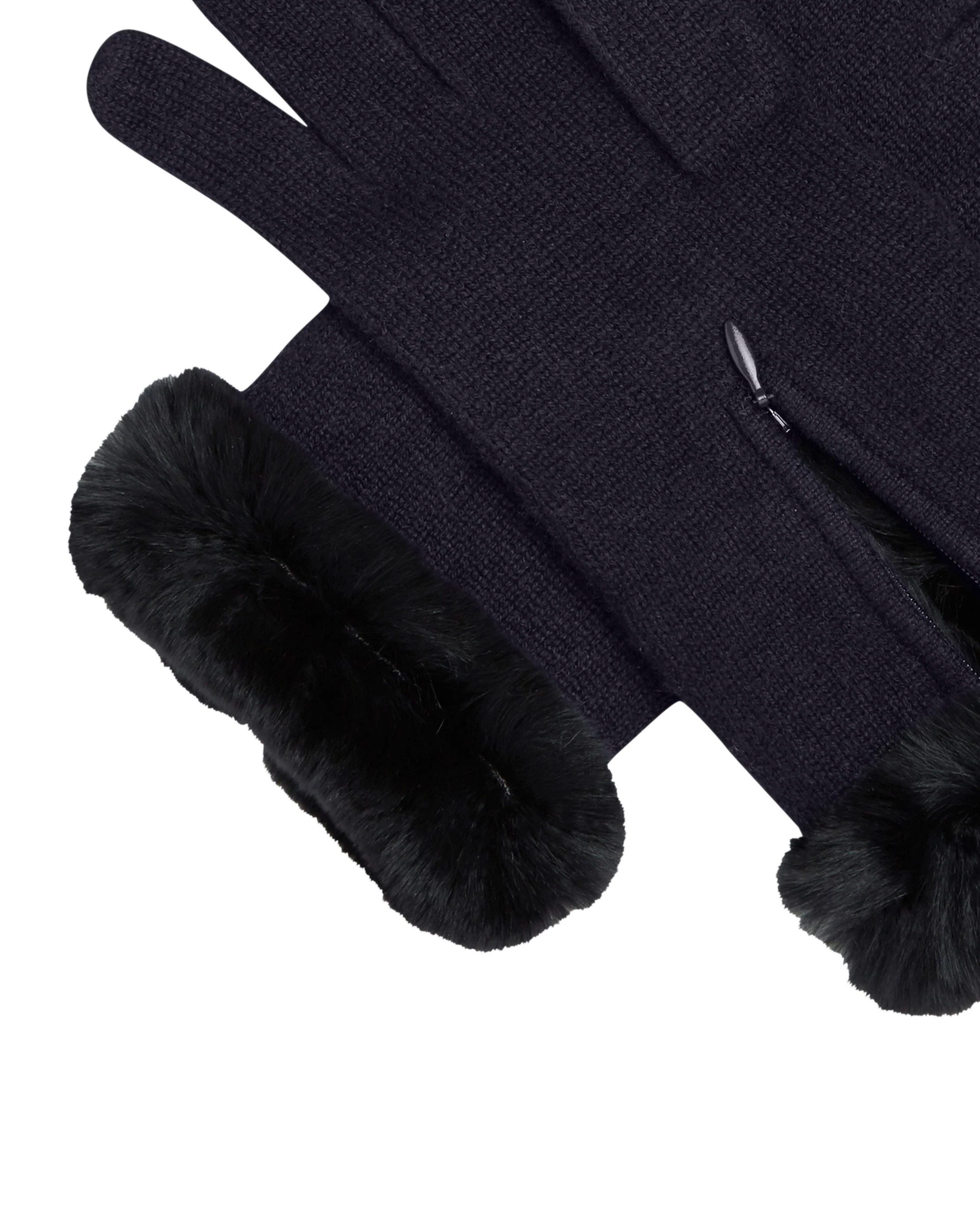 Women's Fur Trim Cashmere Gloves Navy Blue - Image 2