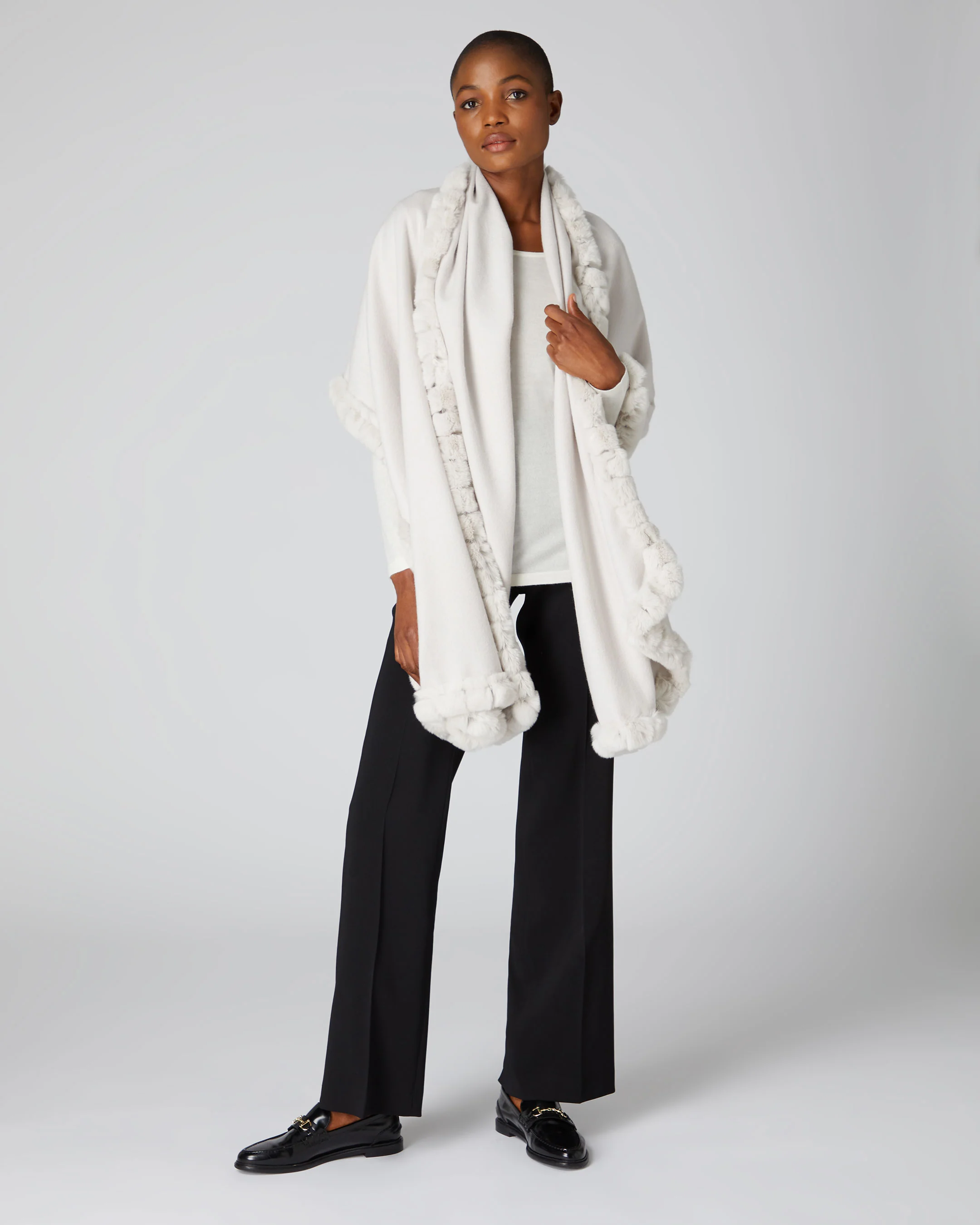 Women's Meribel Woven Fur Trim Cashmere Shawl Snow Grey - Image 3