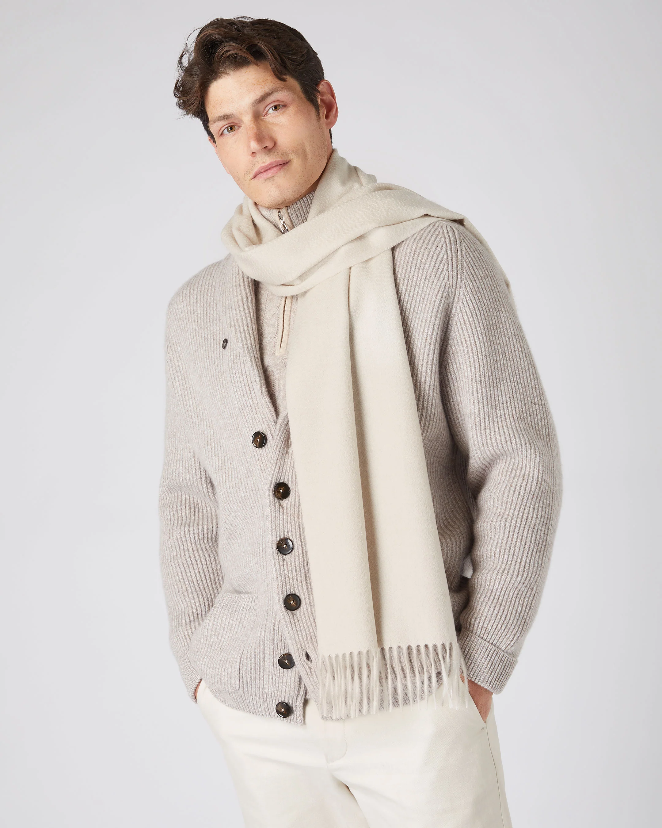 Unisex Large Woven Cashmere Scarf Ecru White - Image 3