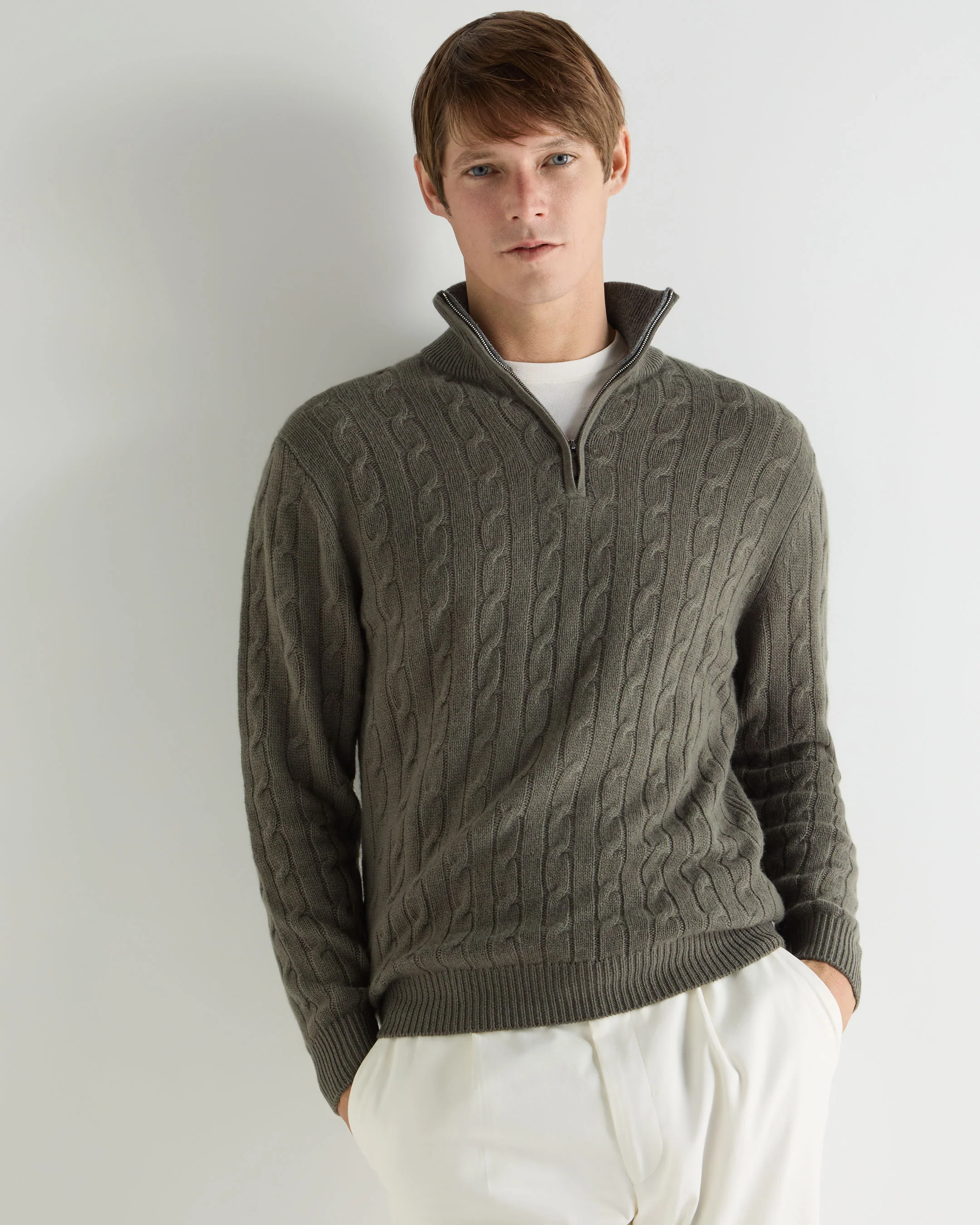 Men's Albemarle Cable Half Zip Cashmere Jumper Olive Green