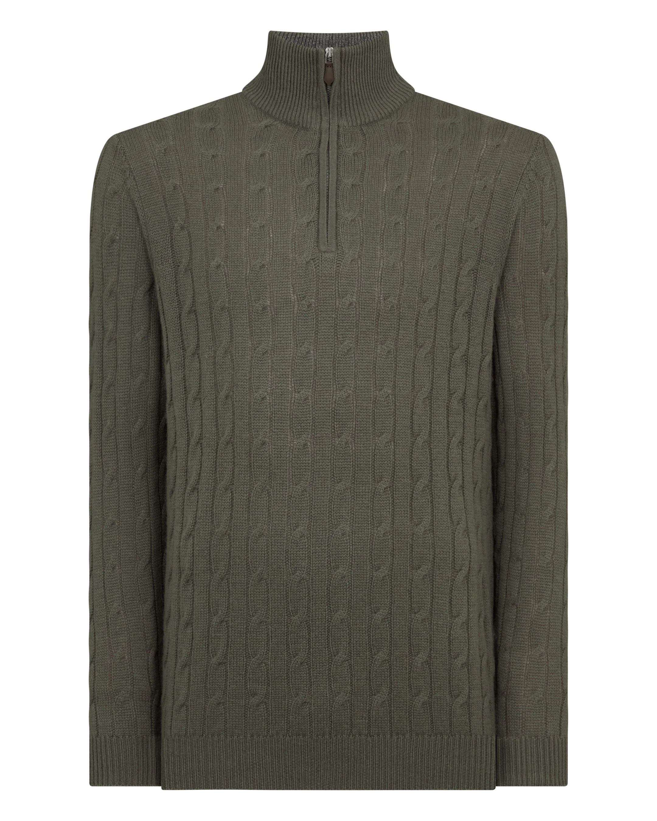 Men's Albemarle Cable Half Zip Cashmere Jumper Olive Green - Image 2