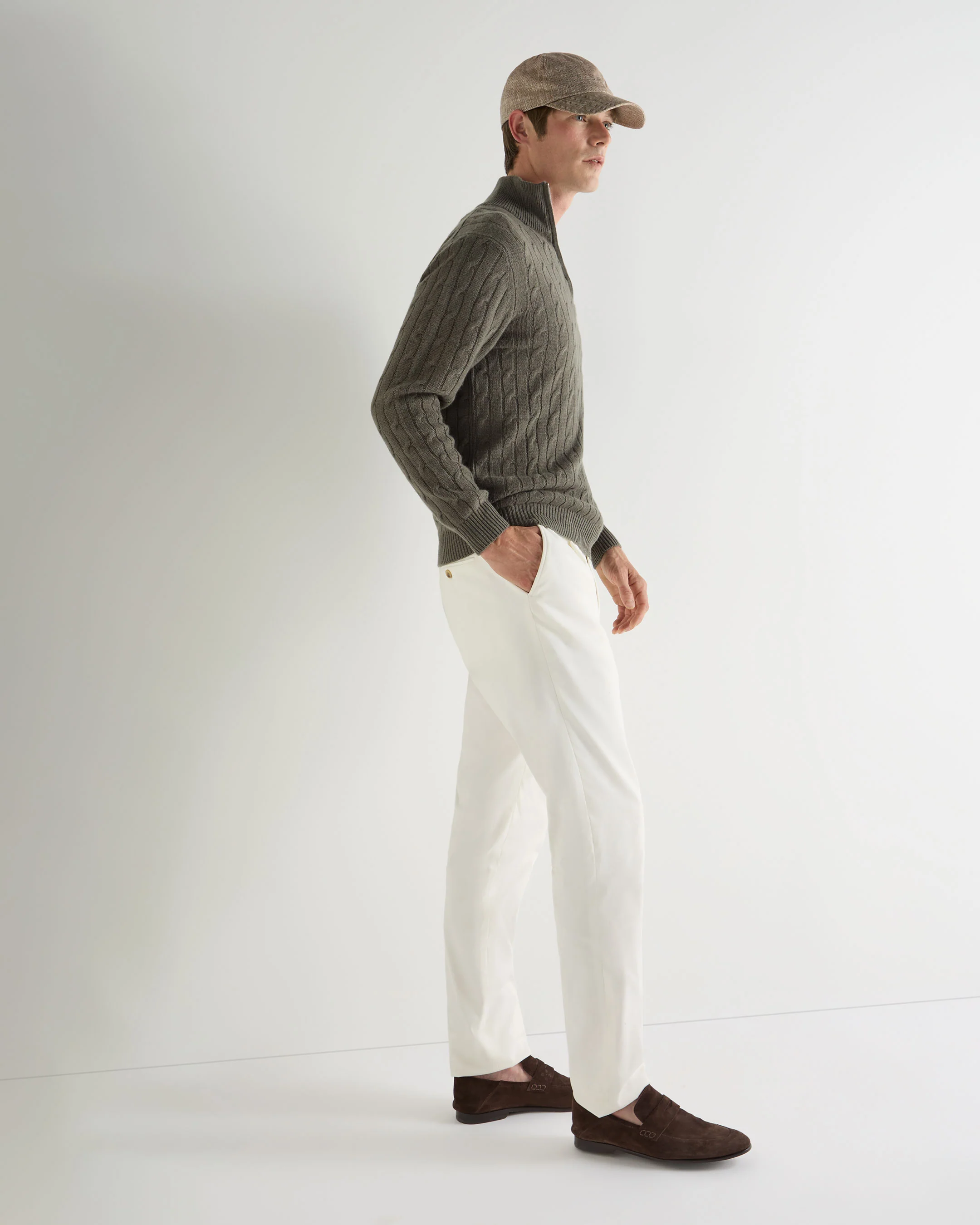 Men's Albemarle Cable Half Zip Cashmere Jumper Olive Green - Image 3
