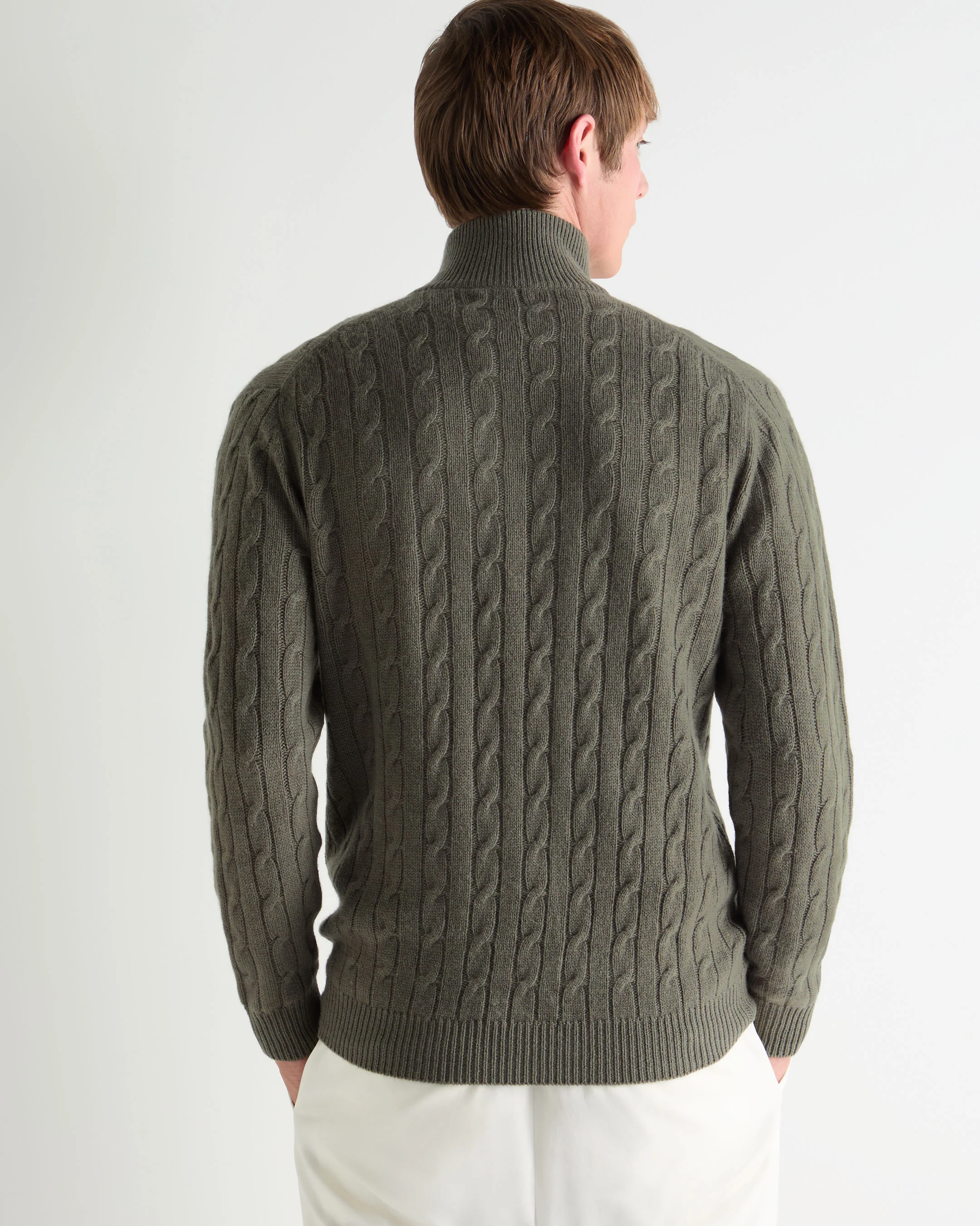 Men's Albemarle Cable Half Zip Cashmere Jumper Olive Green - Image 4