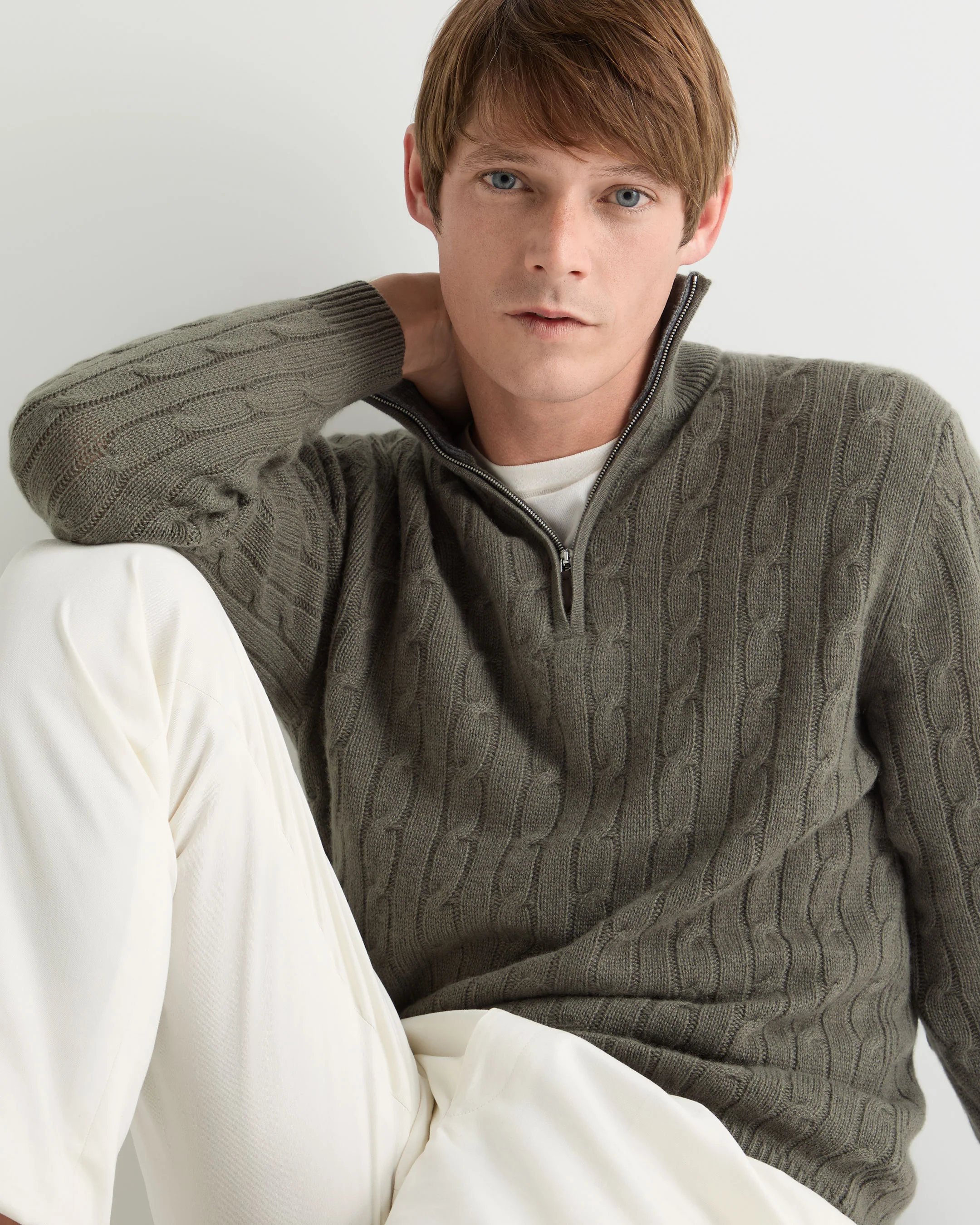 Men's Albemarle Cable Half Zip Cashmere Jumper Olive Green - Image 5