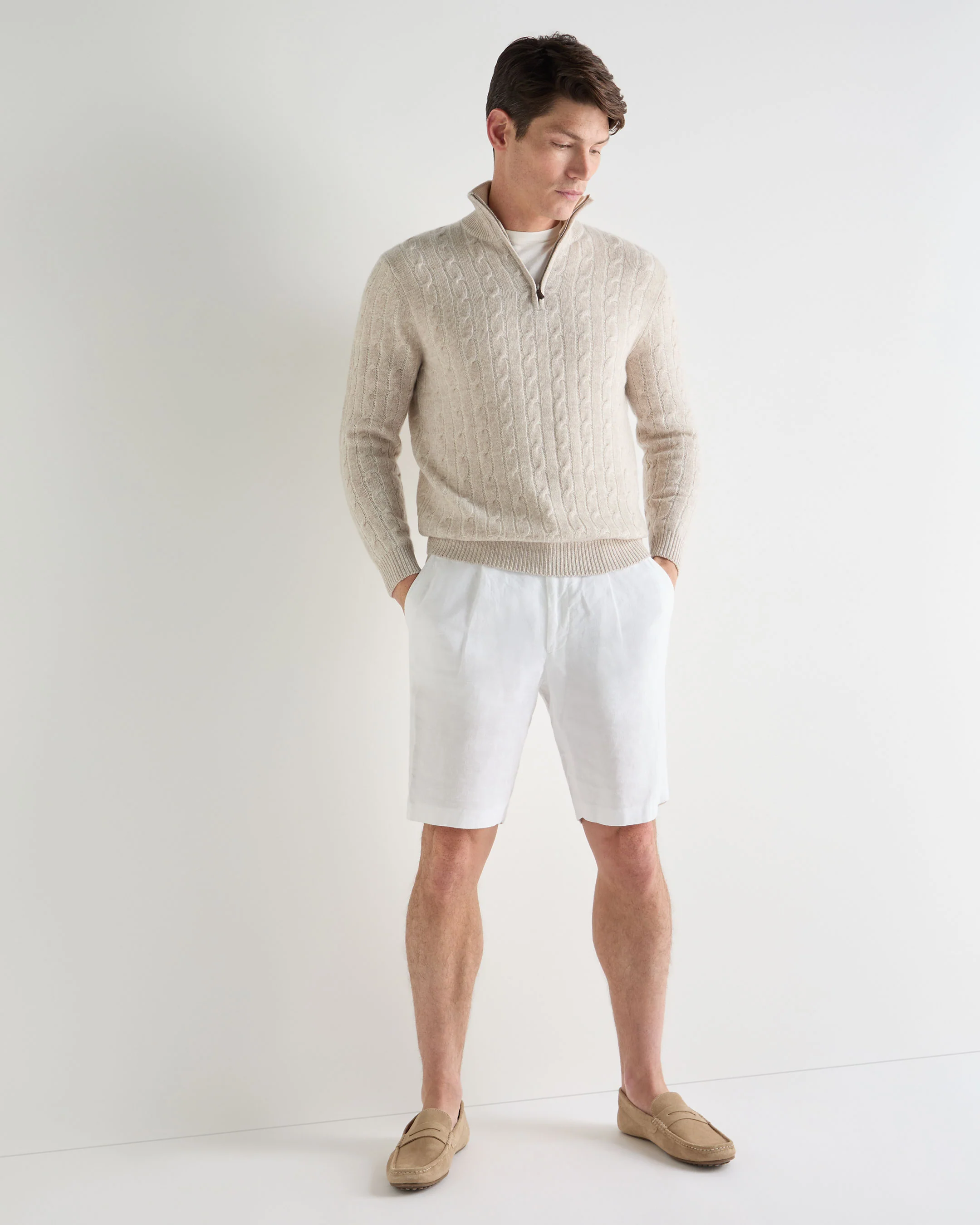 Men's Albemarle Cable Half Zip Cashmere Jumper Sand Brown - Image 3