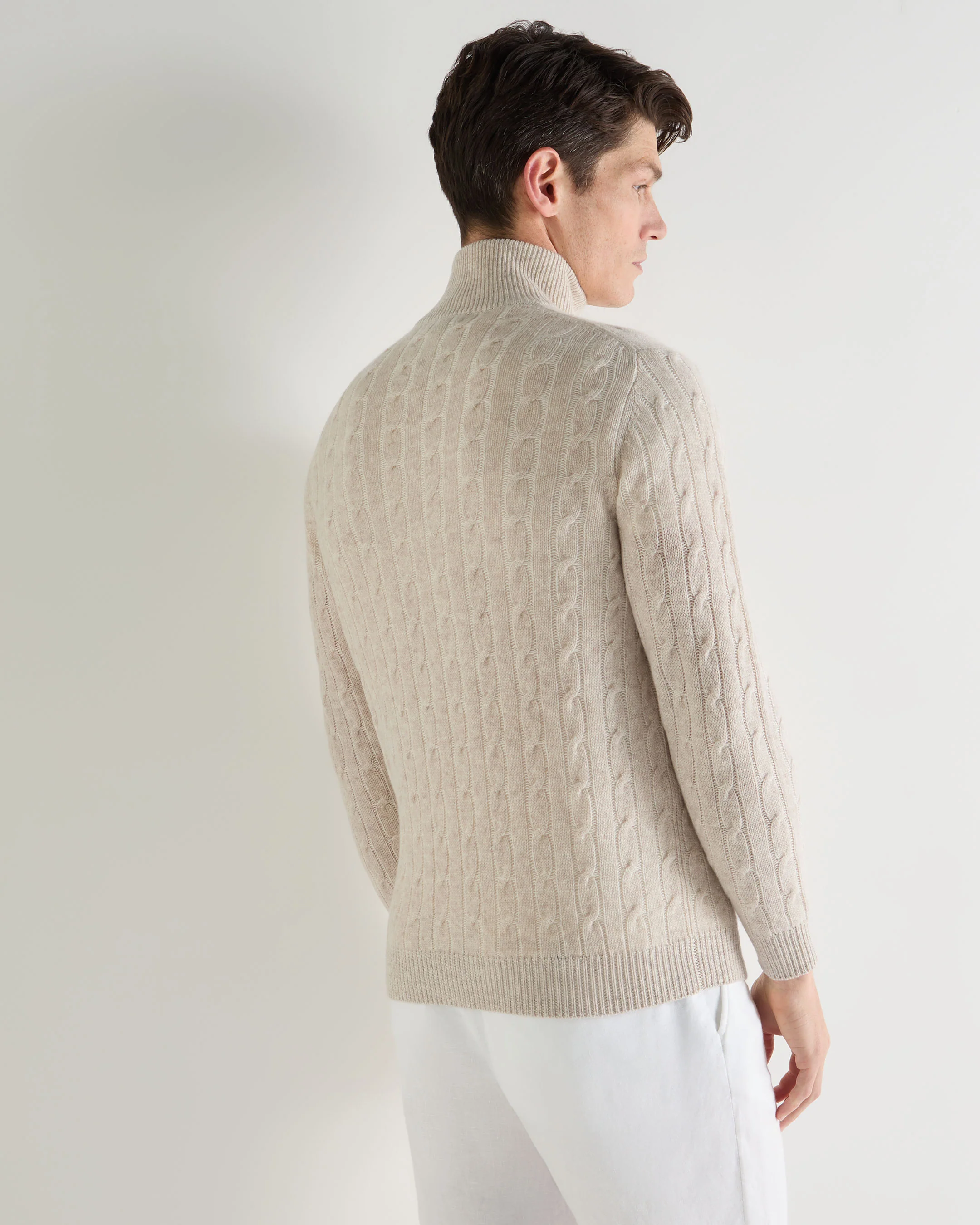 Men's Albemarle Cable Half Zip Cashmere Jumper Sand Brown - Image 4