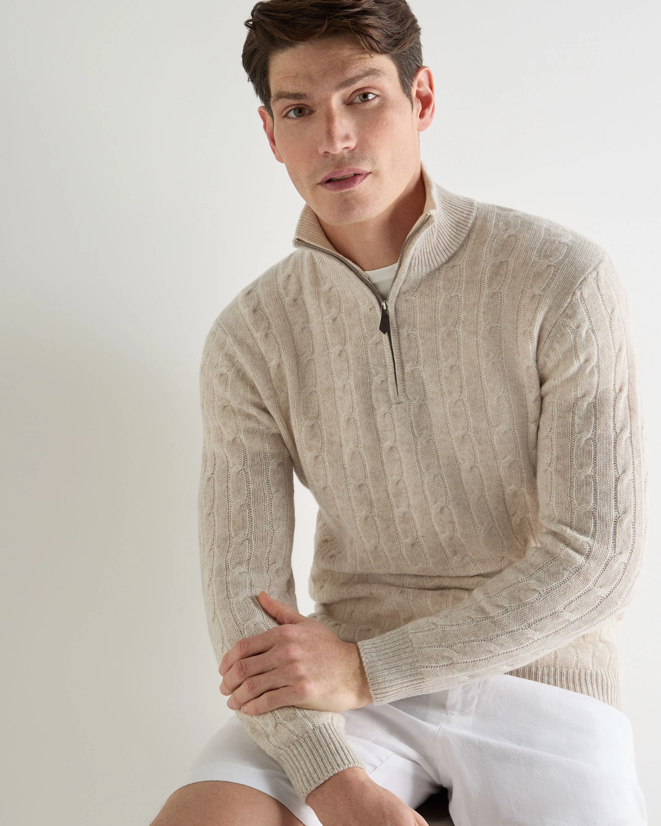 Men's Albemarle Cable Half Zip Cashmere Jumper Sand Brown - Image 5