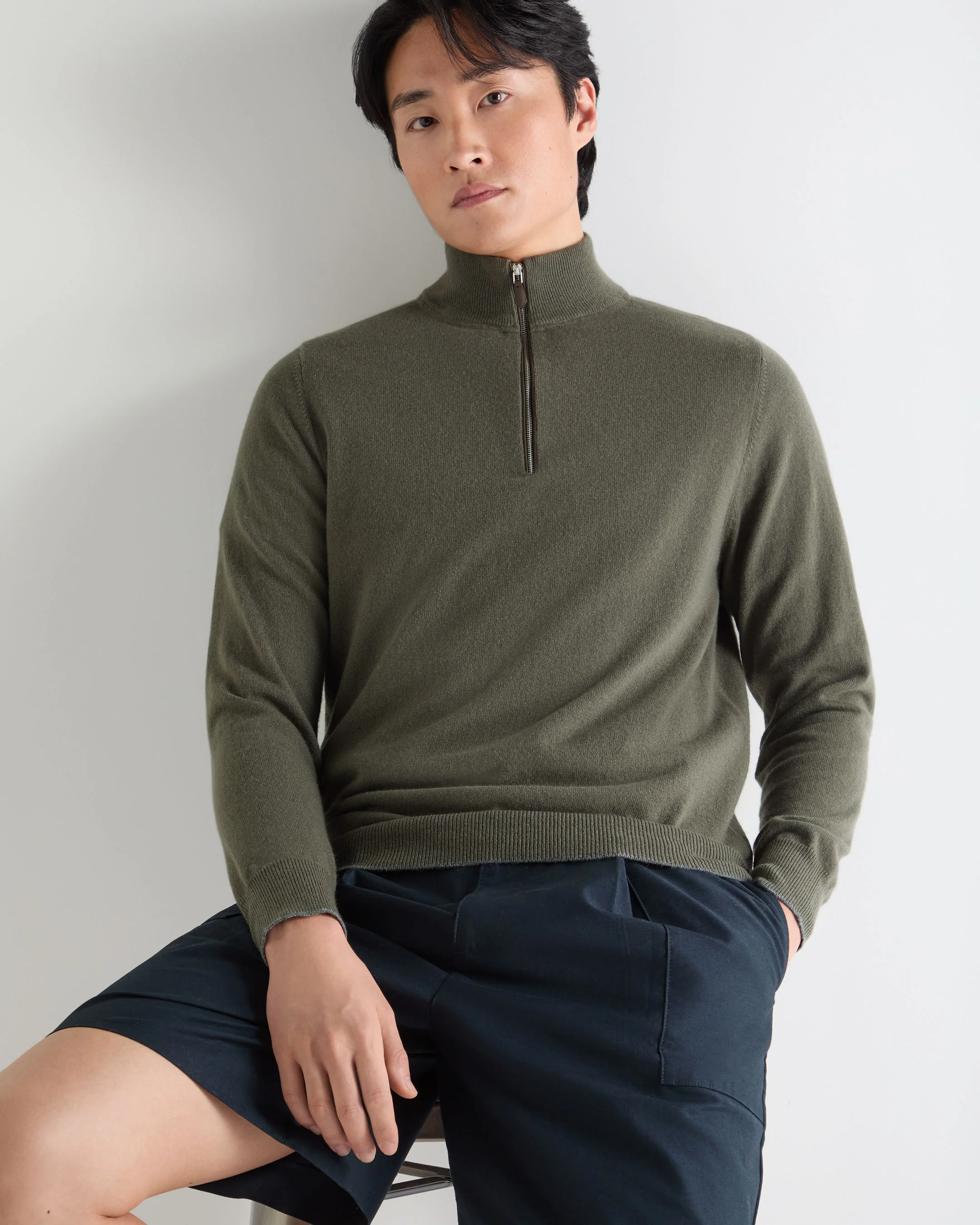 Men's Carnaby Half Zip Cashmere Jumper Olive Green