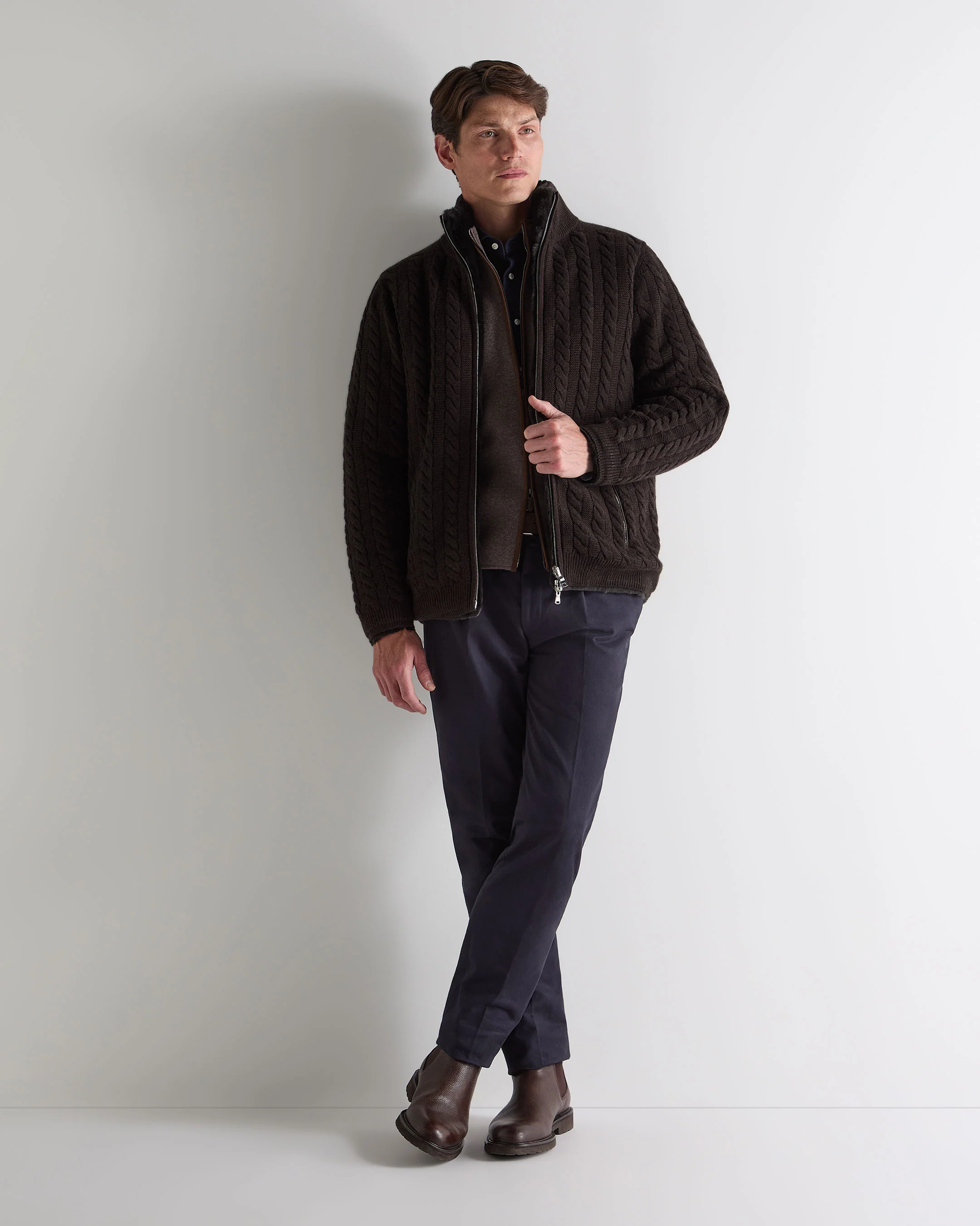 Men's Aspen Cashmere Cable Fur Cardigan Chocolate Brown - Image 3