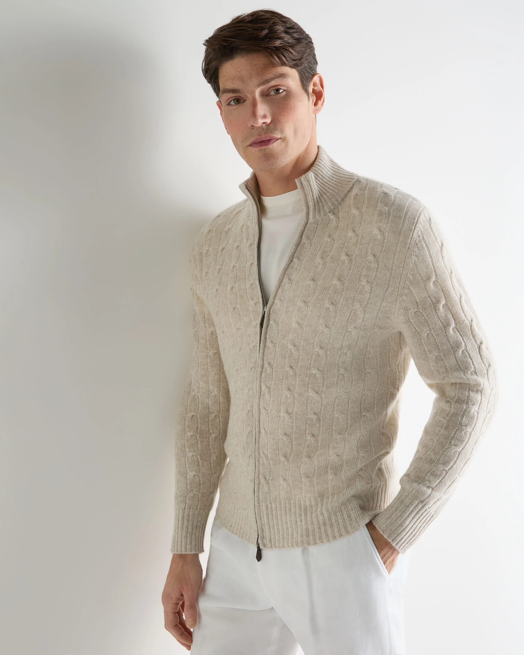 Men's Contrast Cable Full Zip Cashmere Jumper Sand Brown