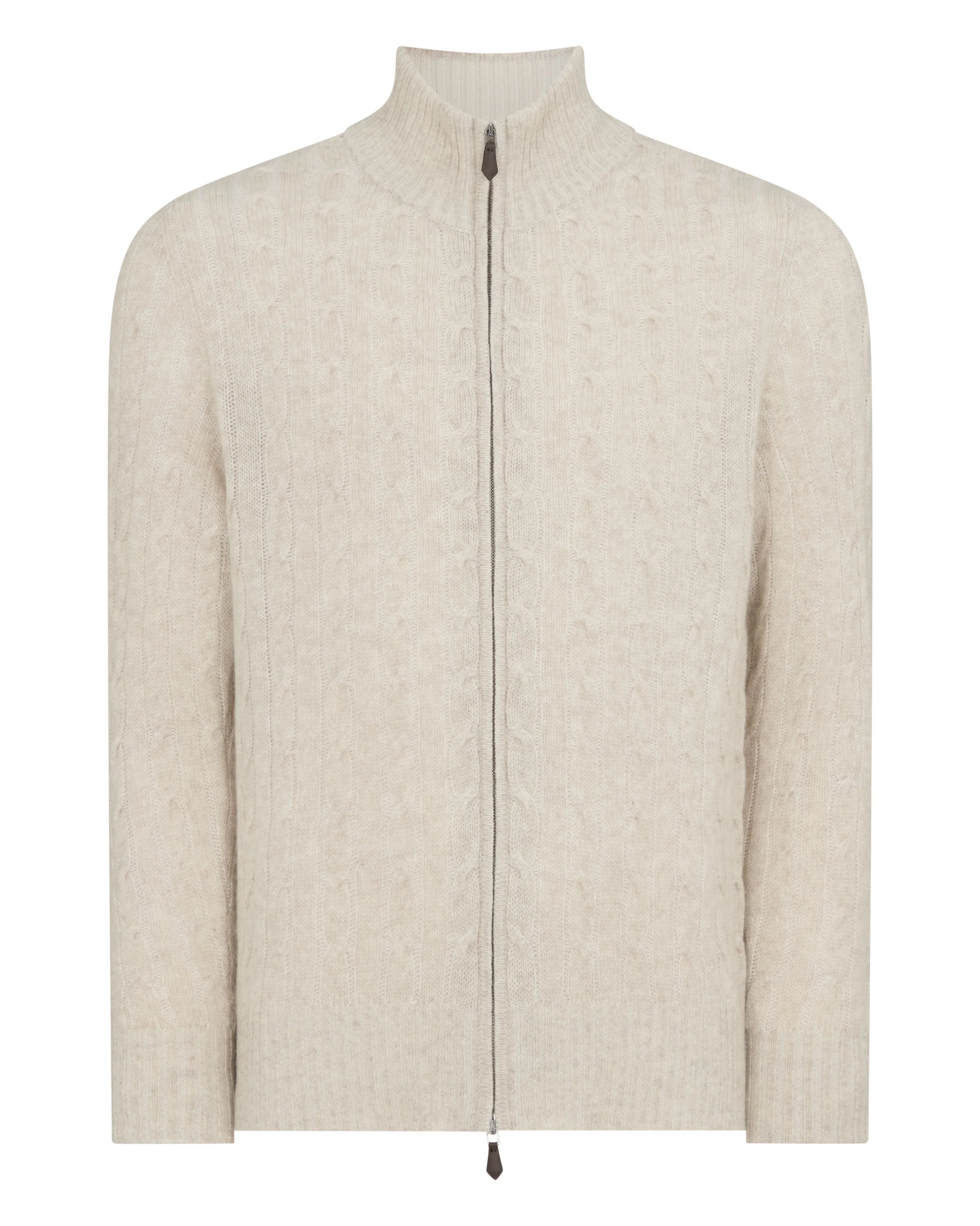 Men's Contrast Cable Full Zip Cashmere Jumper Sand Brown - Image 2