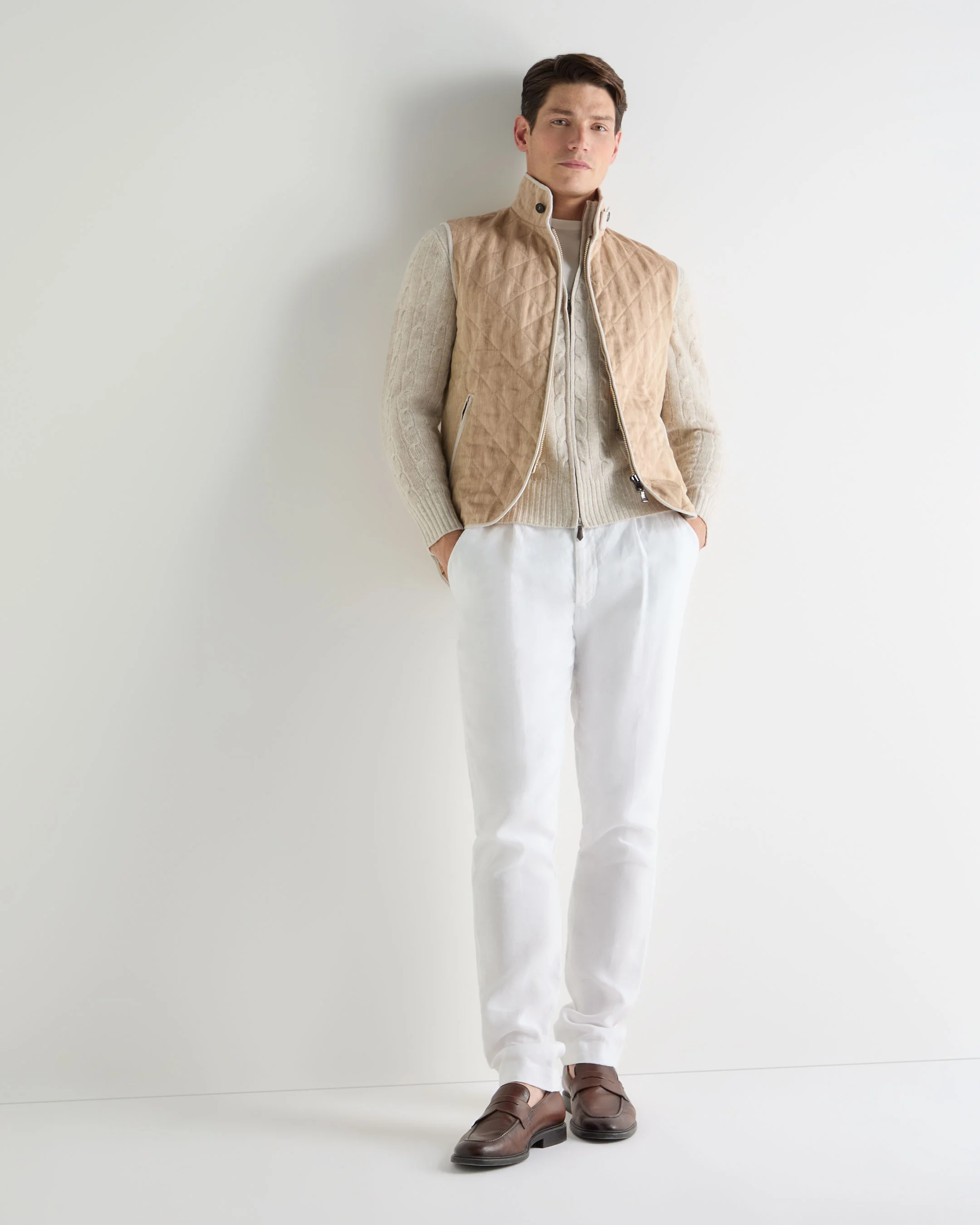 Men's Contrast Cable Full Zip Cashmere Jumper Sand Brown - Image 3
