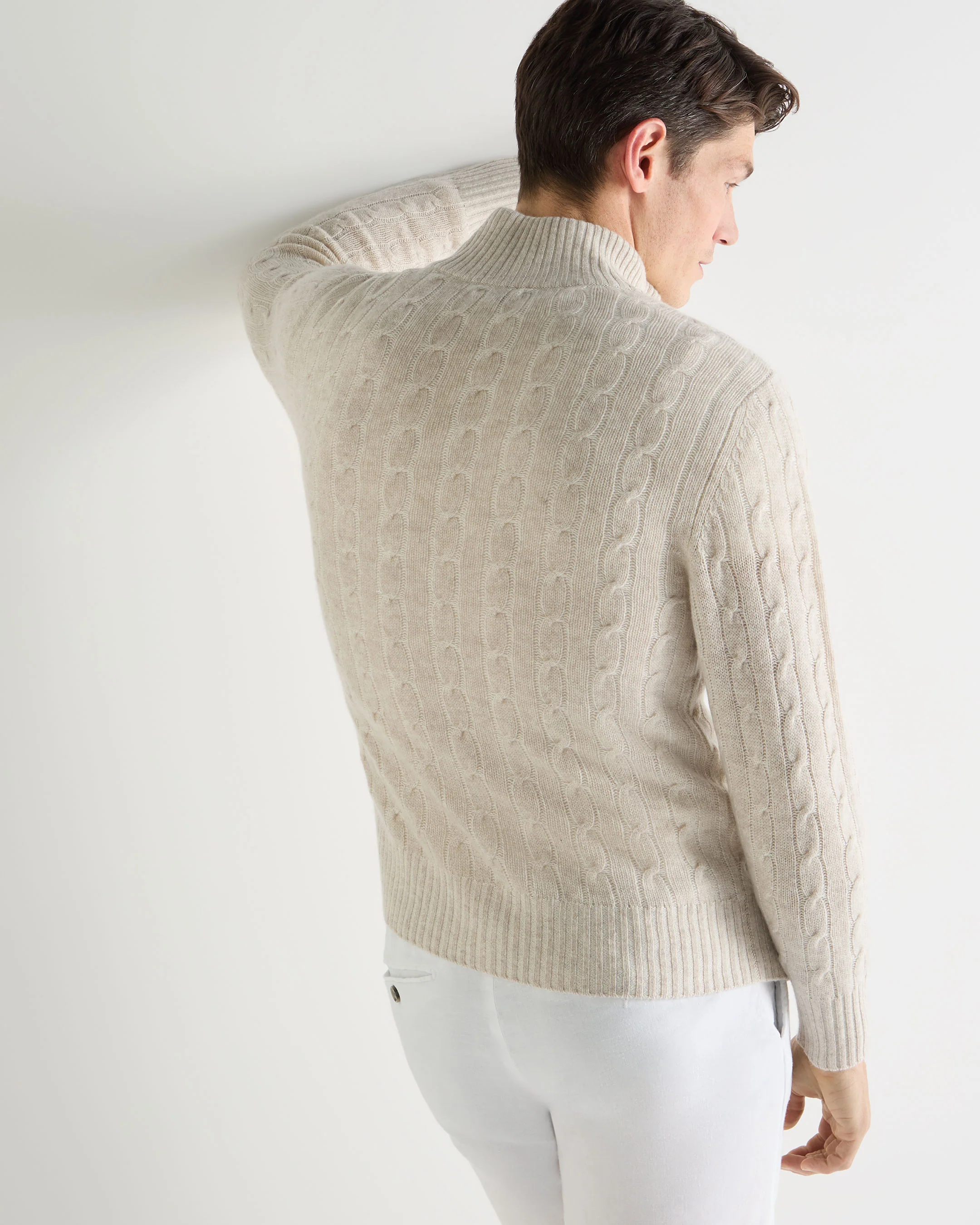 Men's Contrast Cable Full Zip Cashmere Jumper Sand Brown - Image 4
