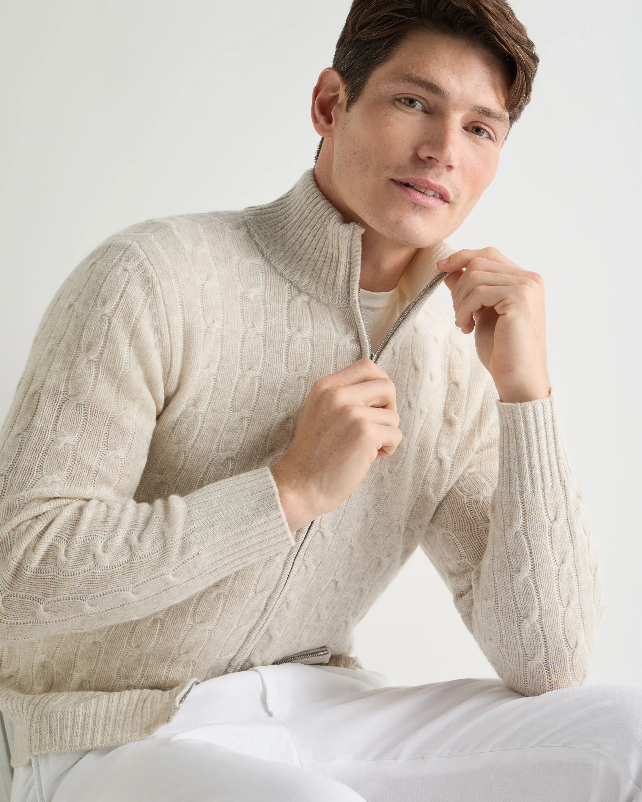 Men's Contrast Cable Full Zip Cashmere Jumper Sand Brown - Image 5