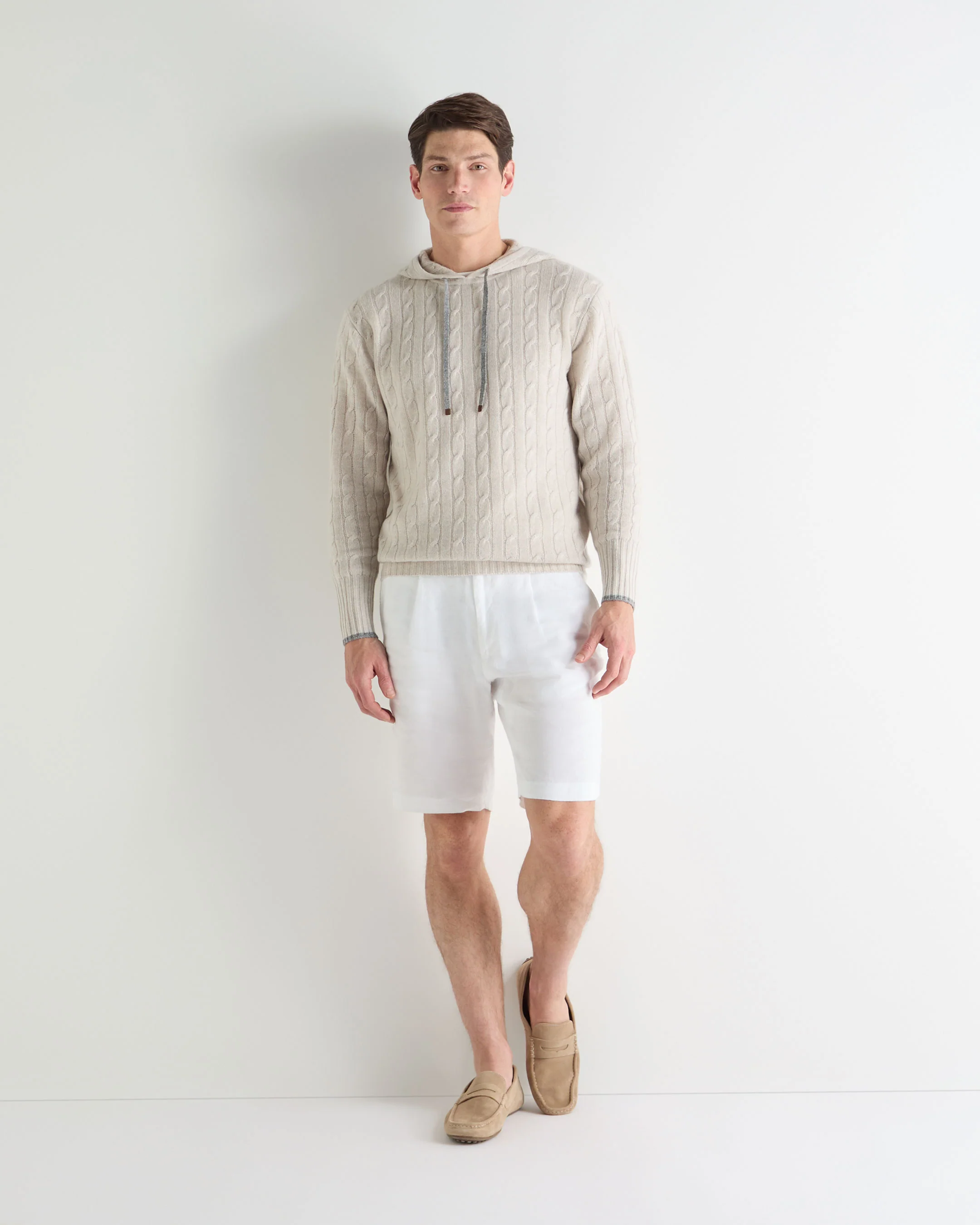 Men's Fitzrovia Cable Cashmere Hoodie Pebble Grey - Image 3