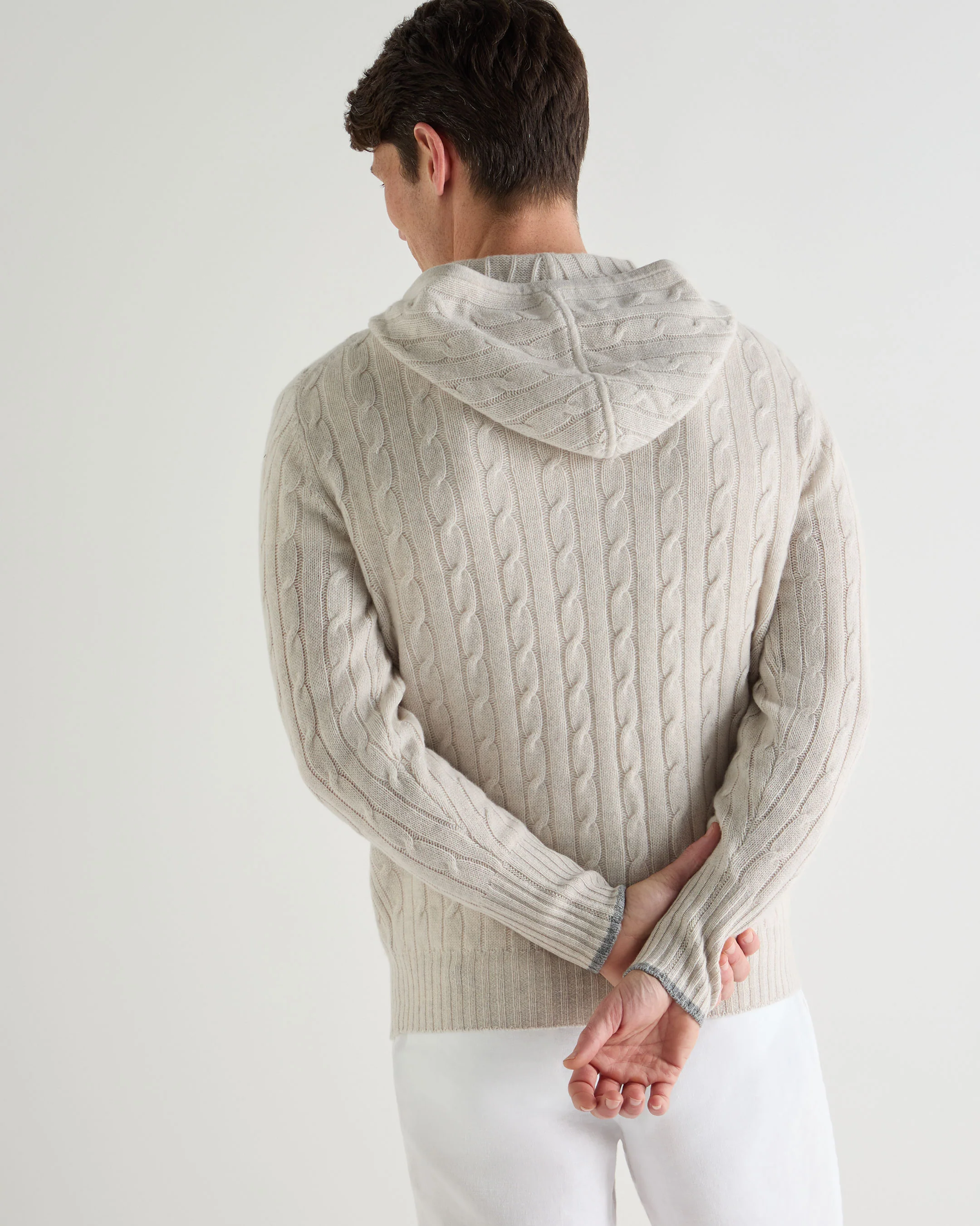 Men's Fitzrovia Cable Cashmere Hoodie Pebble Grey - Image 4