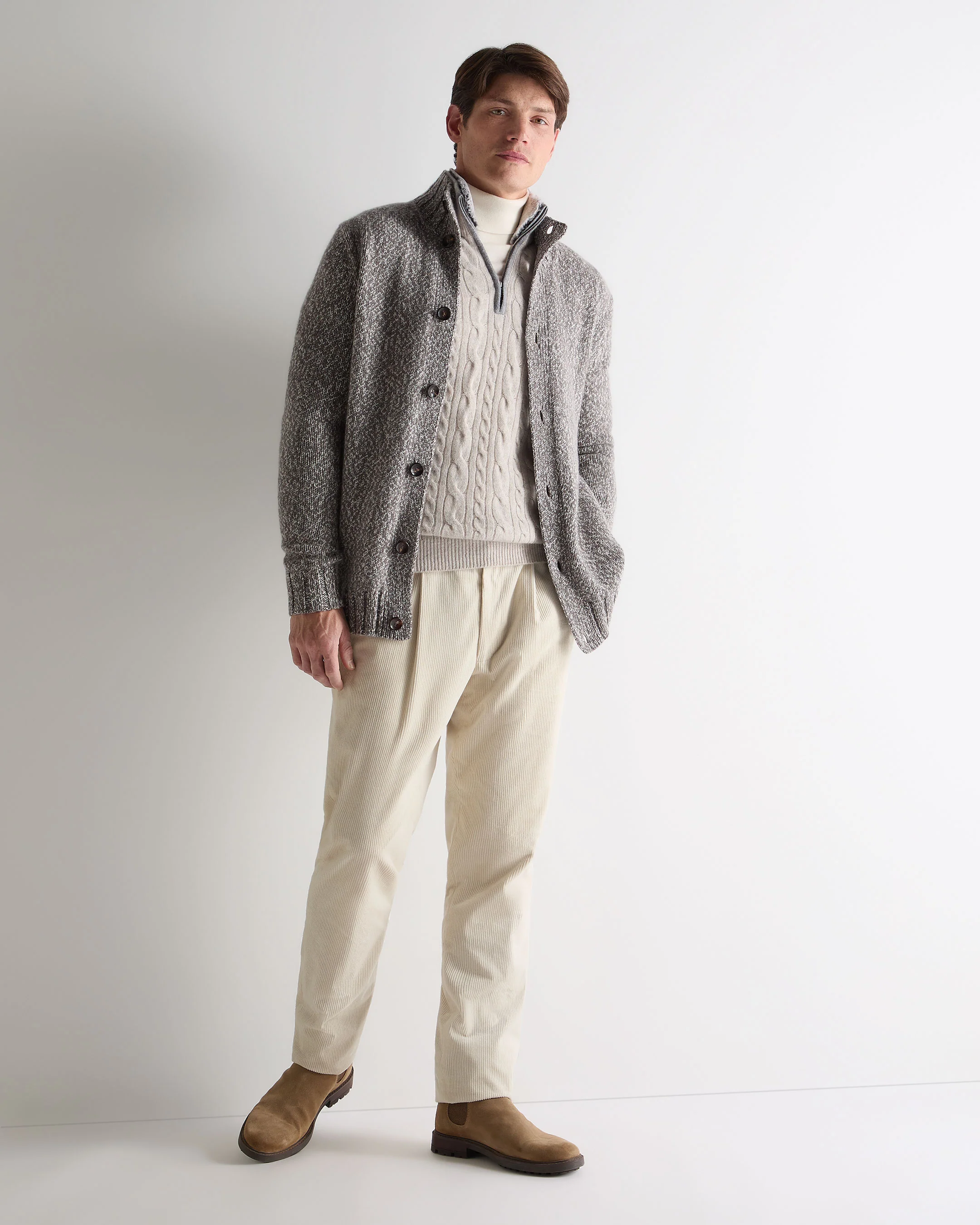 Men's Fur Trim Half Zip Cashmere Jumper Nougat Brown Marl - Image 3