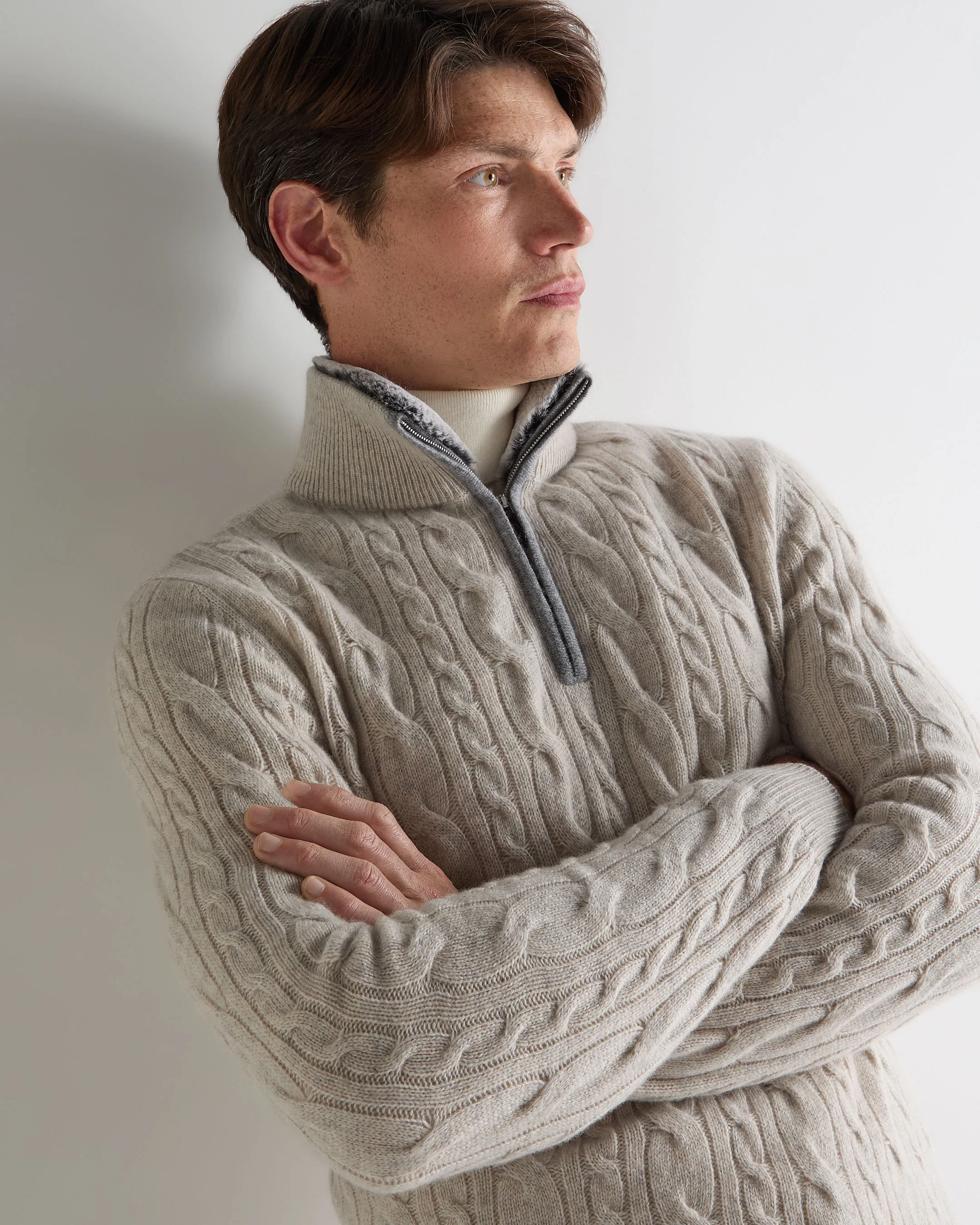 Men's Fur Trim Half Zip Cashmere Jumper Nougat Brown Marl - Image 5