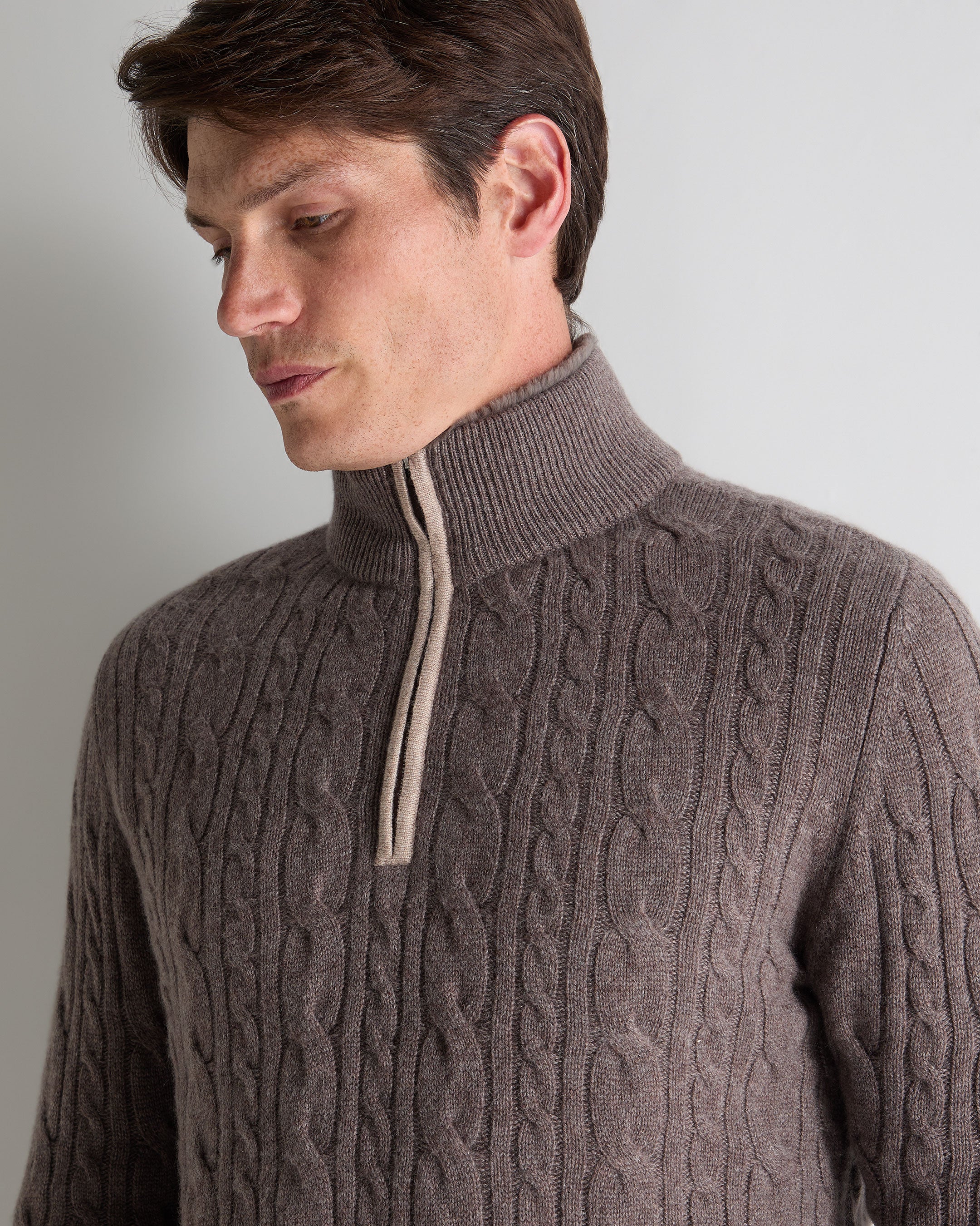 Men's Fur Trim Half Zip Cashmere Jumper Otter Brown - Image 5