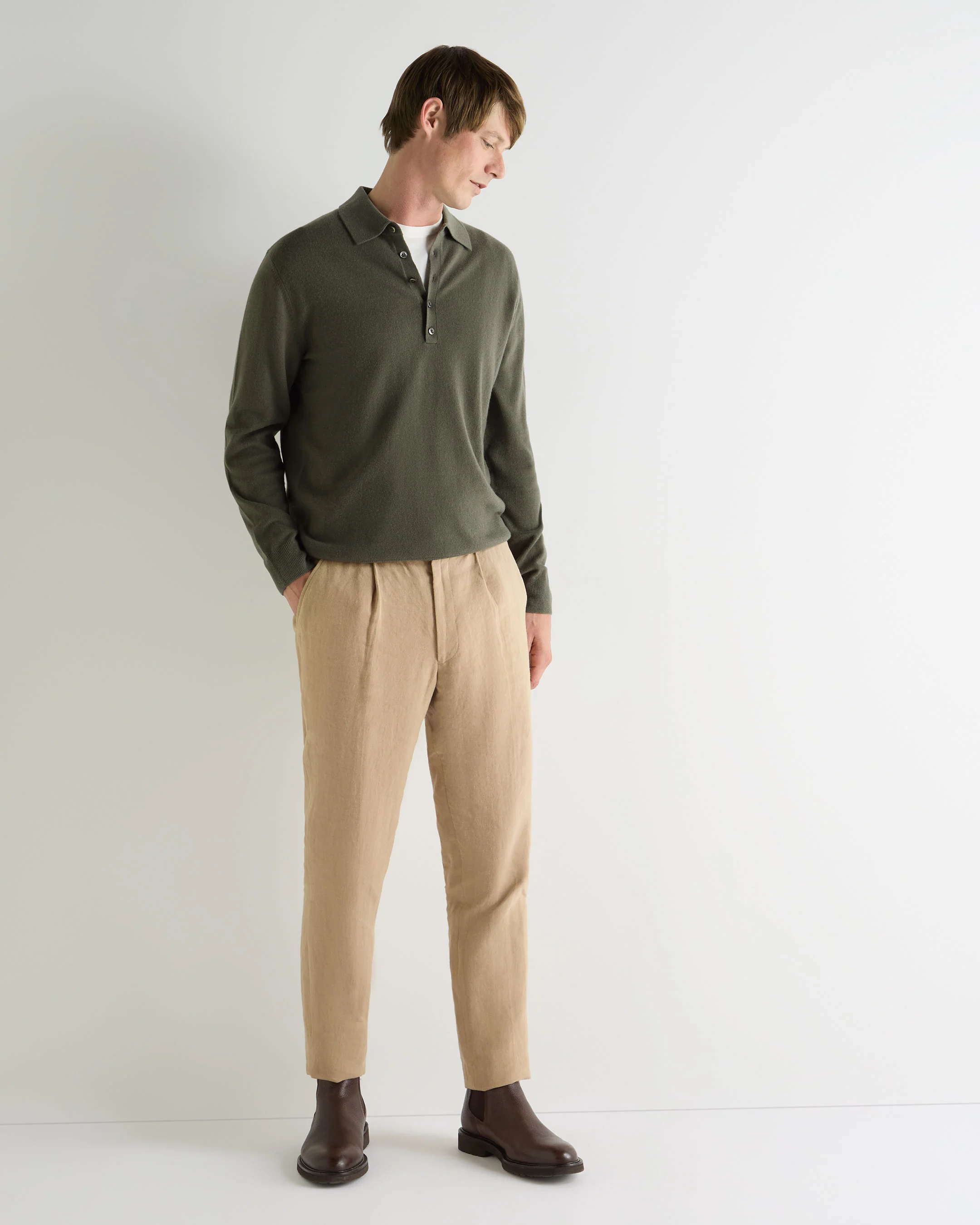 Men's Greenwich Cashmere Polo Shirt Olive Green - Image 3