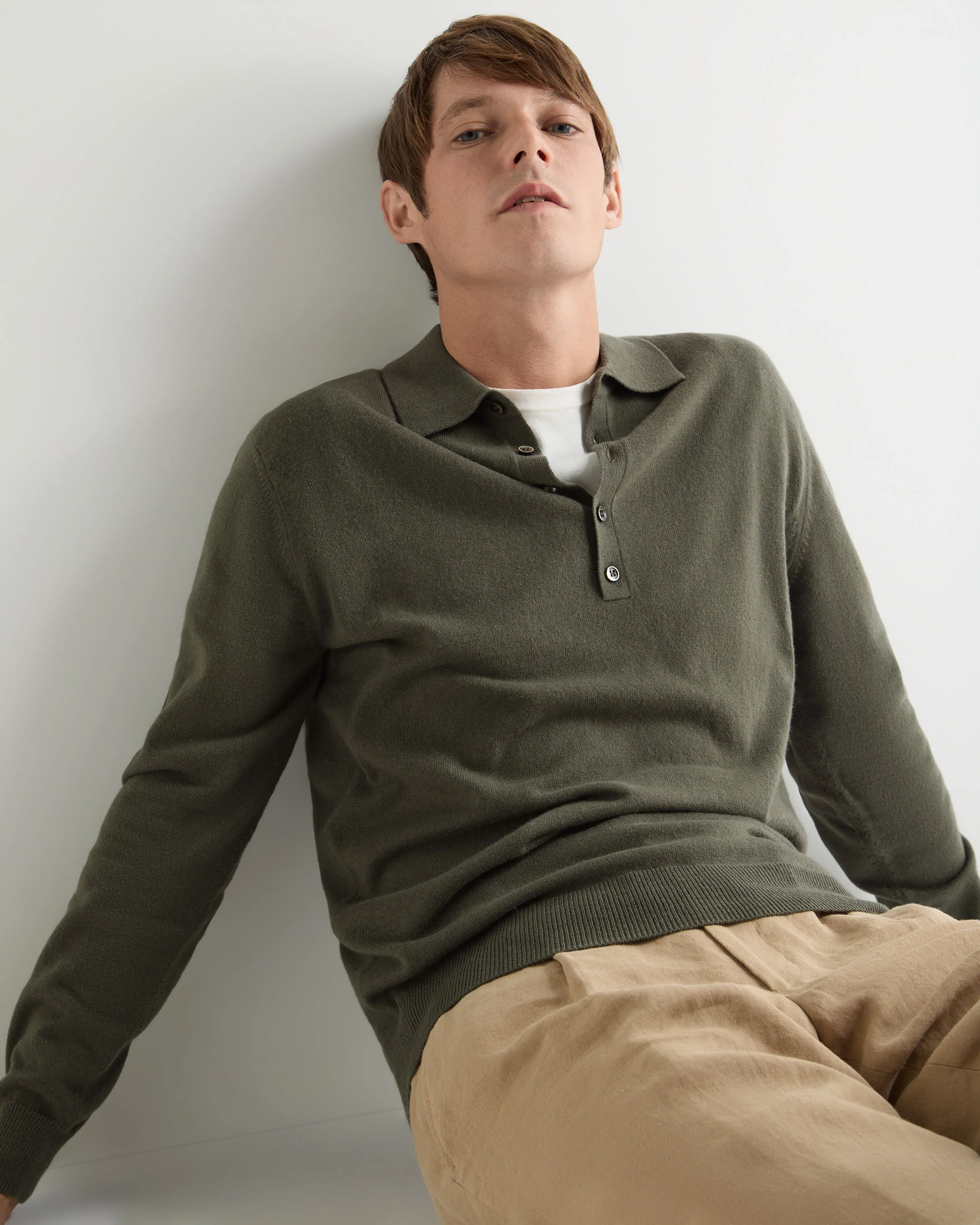 Men's Greenwich Cashmere Polo Shirt Olive Green - Image 5