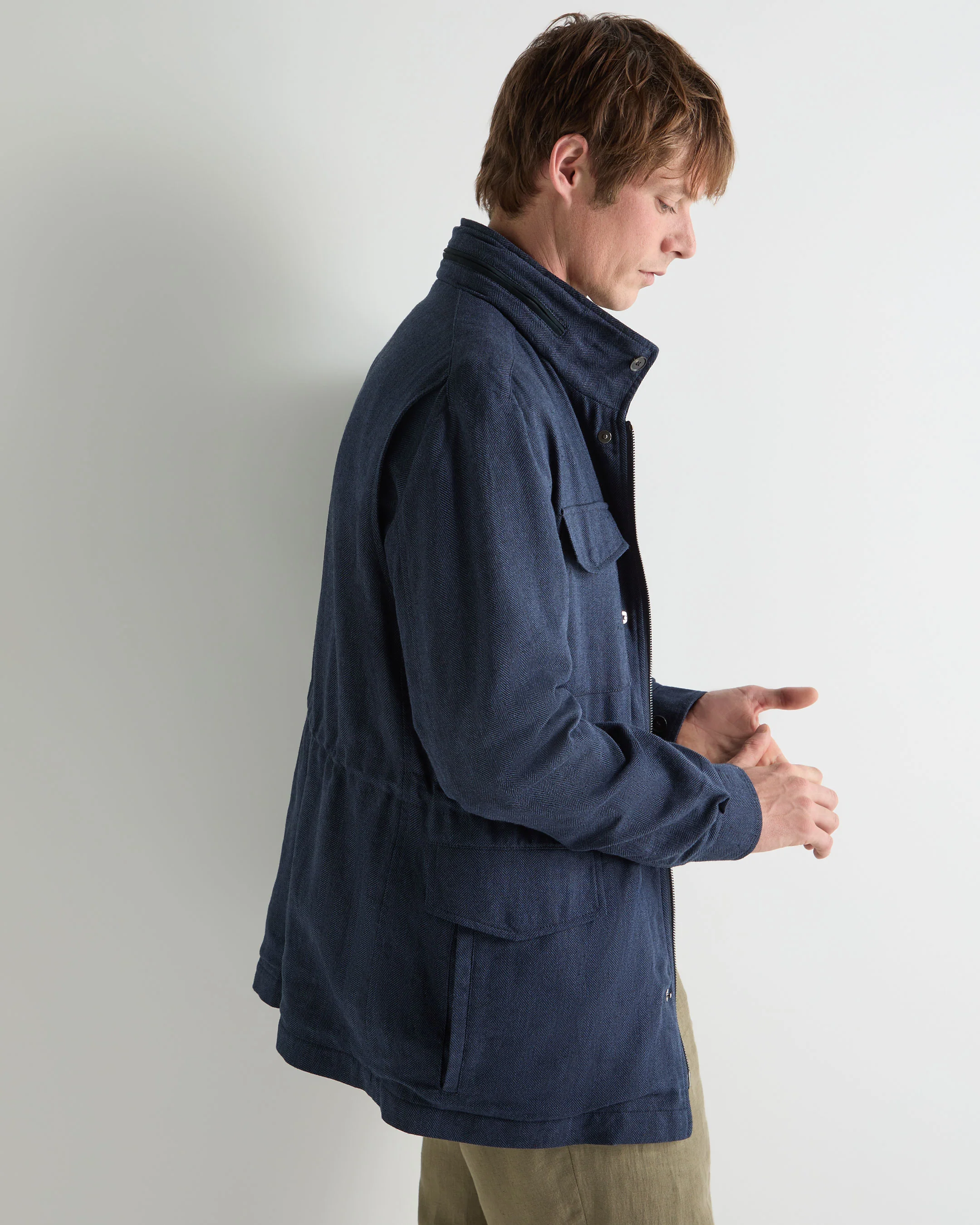 Men's Hampton Linen Blend Field Jacket Navy Blue Herringbone - Image 7