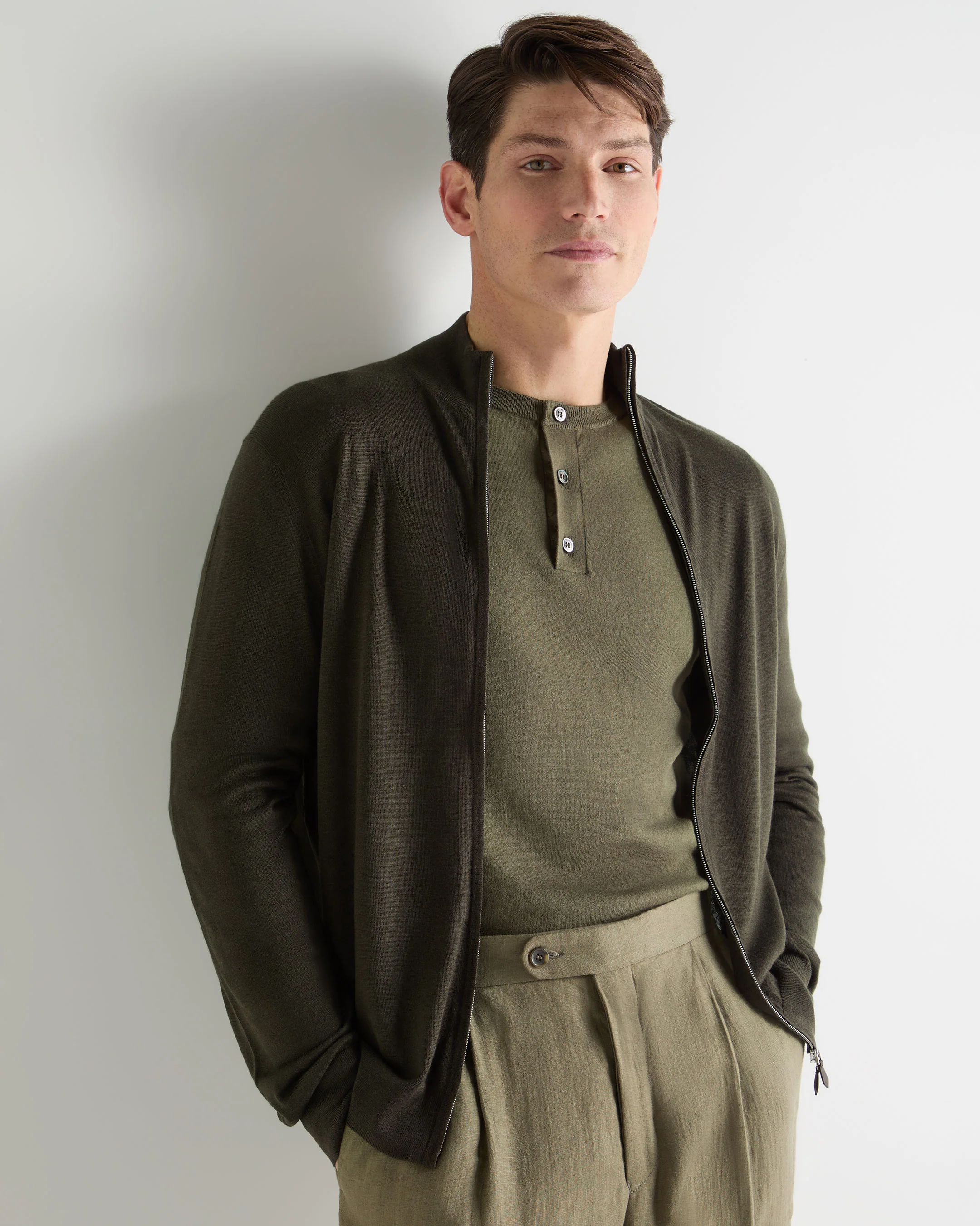 Men's Hyde Fine Gauge Cashmere Full Zip Jumper Arabica Khaki Green