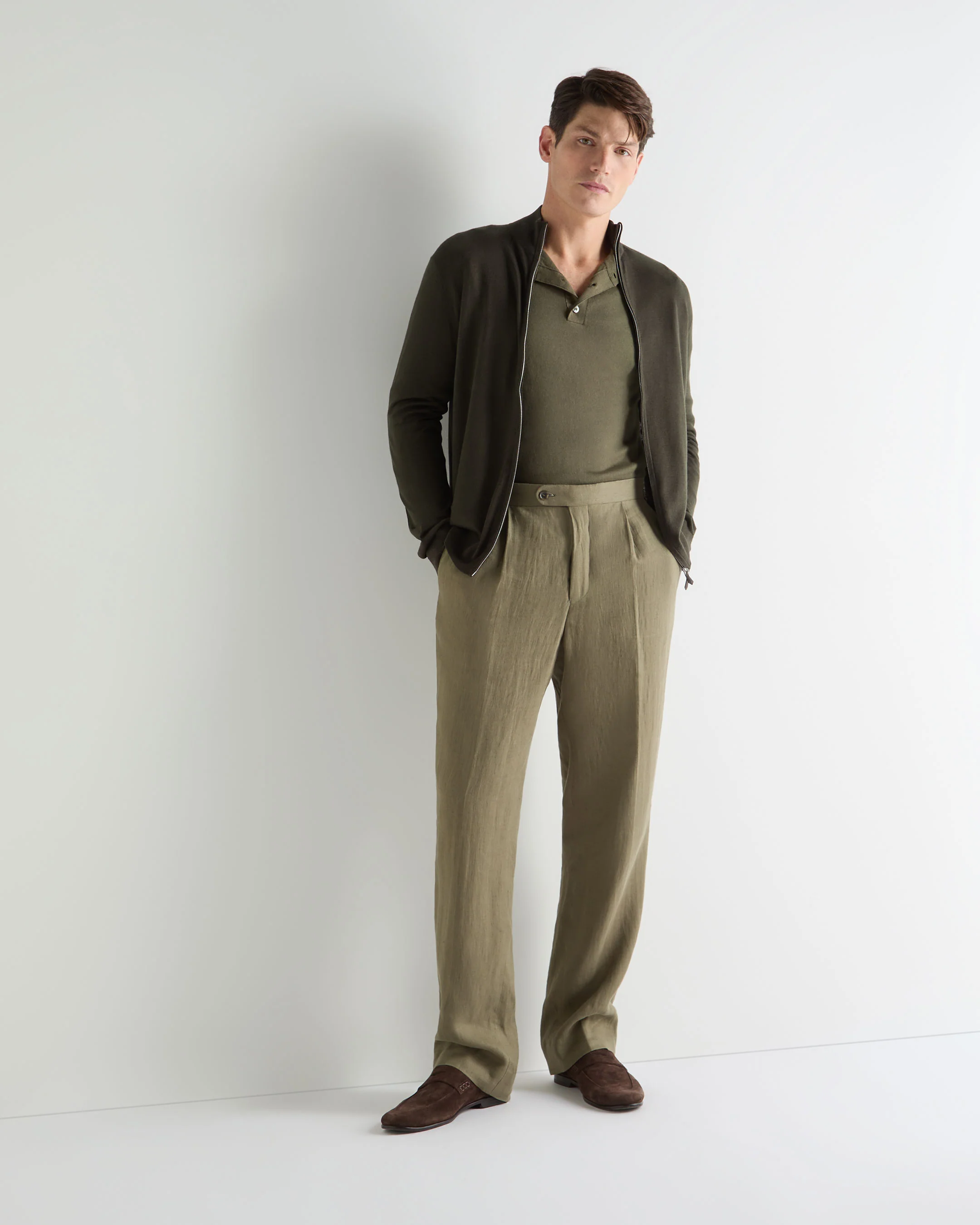 Men's Hyde Fine Gauge Cashmere Full Zip Jumper Arabica Khaki Green - Image 3