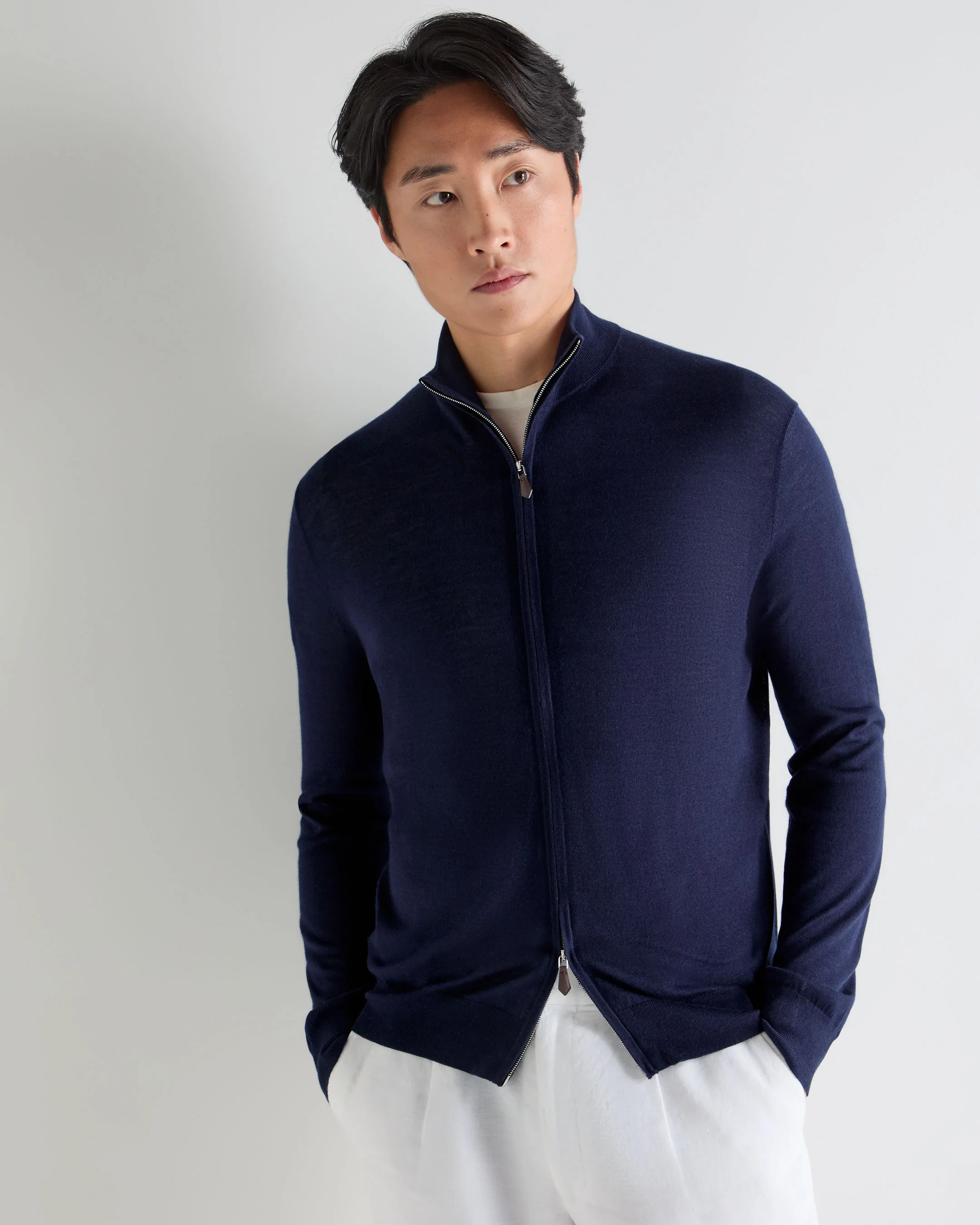 Men's Hyde Fine Gauge Cashmere Full Zip Jumper Summer Navy Blue
