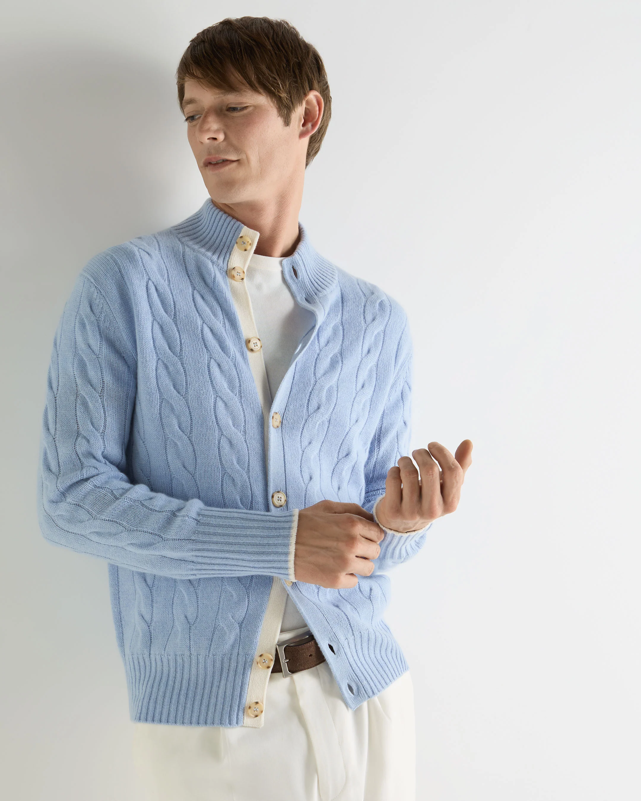 Men's Jermyn Cable Full Button Cashmere Cardigan Sea Mist Blue