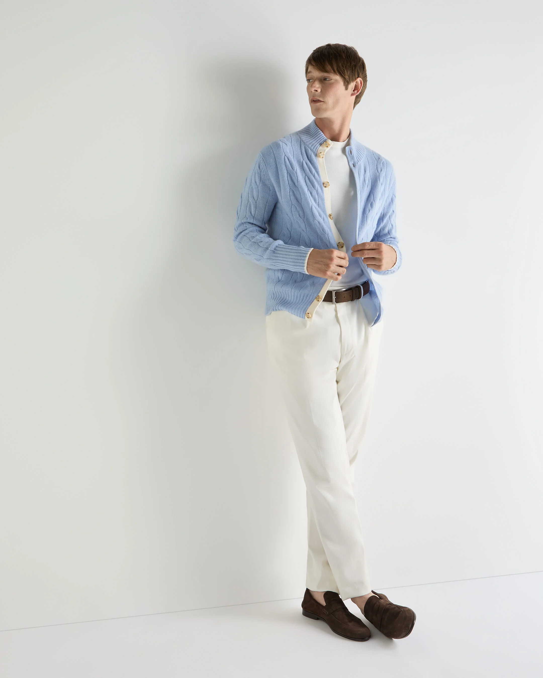 Men's Jermyn Cable Full Button Cashmere Cardigan Sea Mist Blue - Image 3