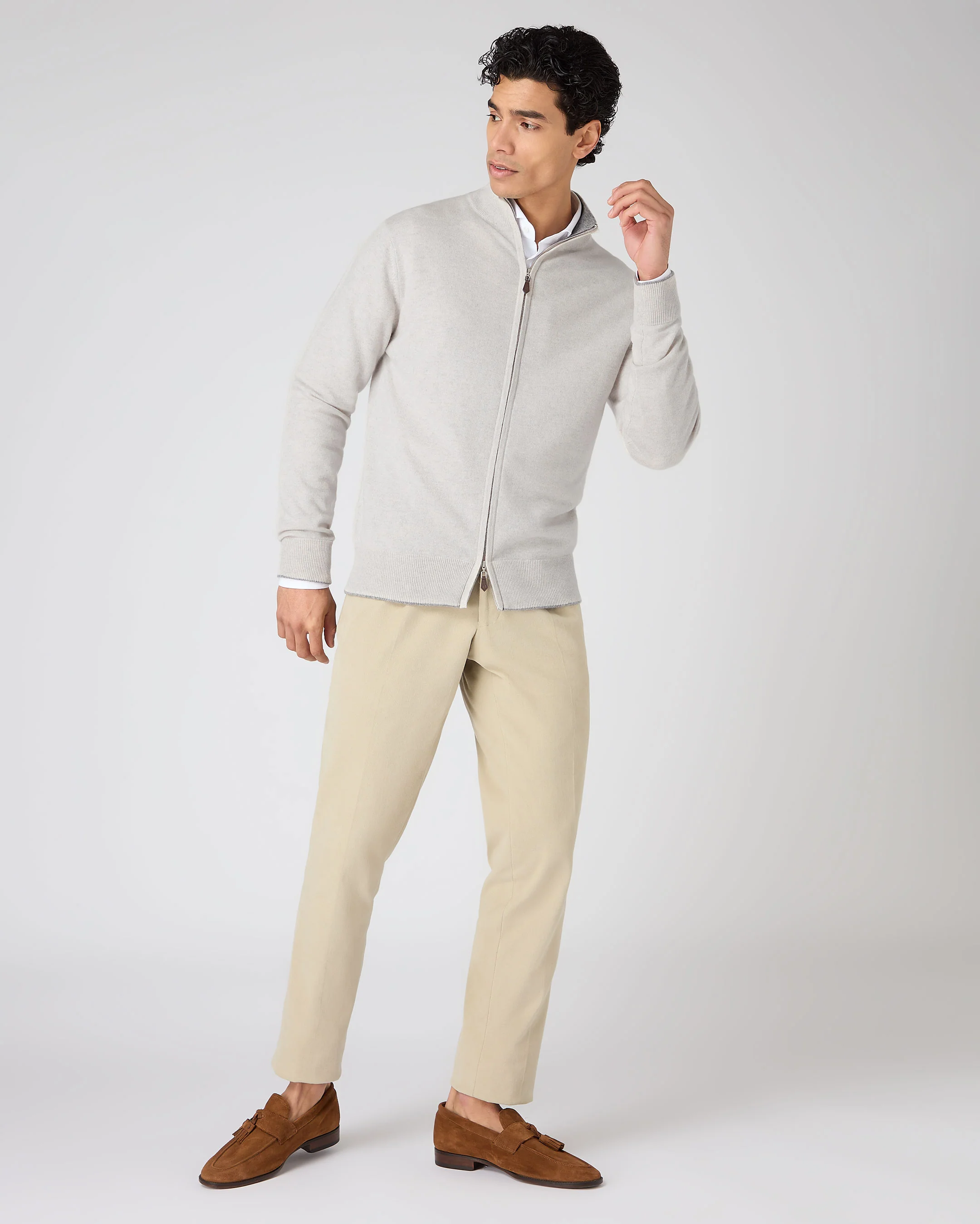 Men's Knightsbridge Full Zip Cashmere Jumper Pebble Grey - Image 3
