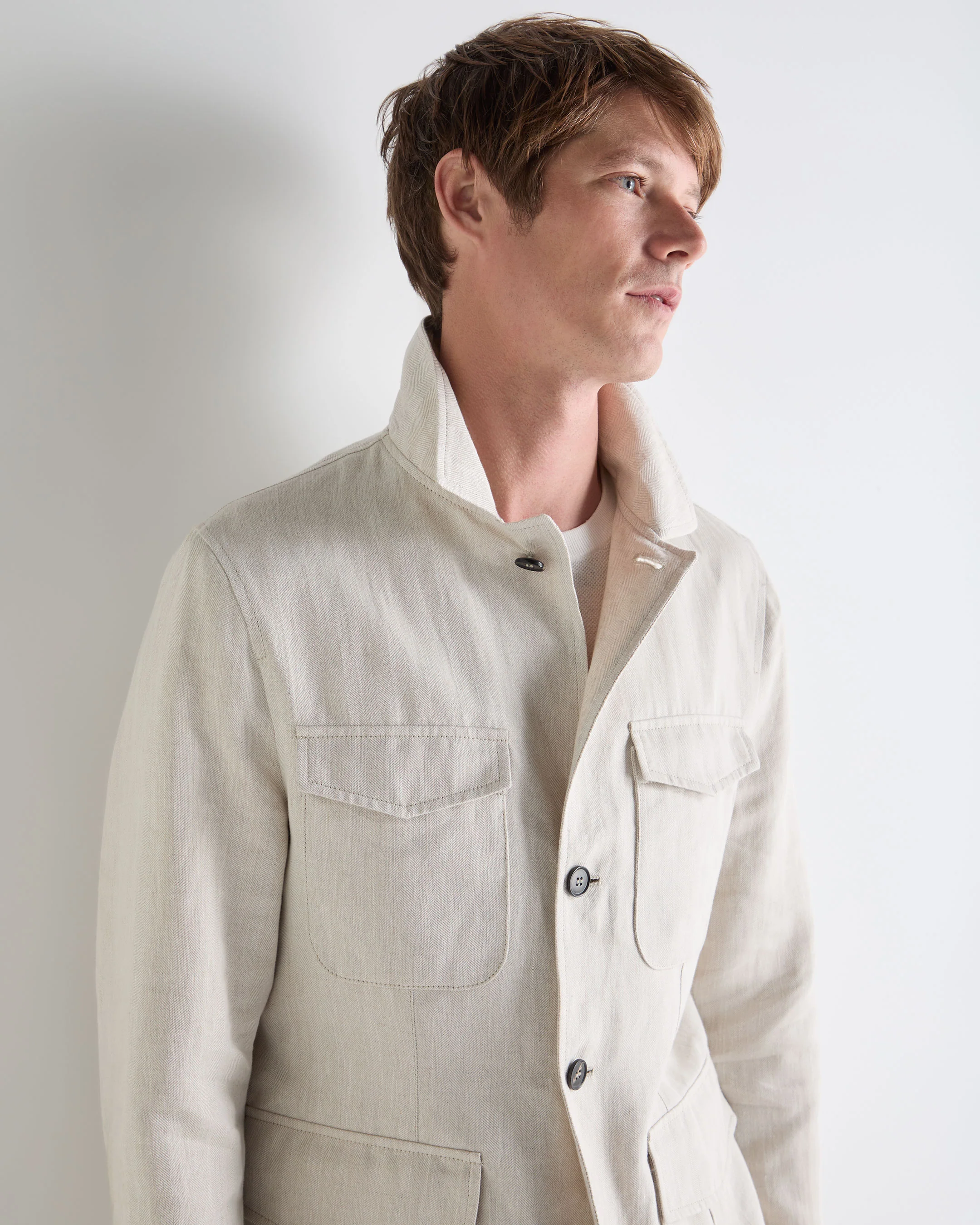 Men's Linen Blend Herringbone Safari Jacket Chalk White - Image 6