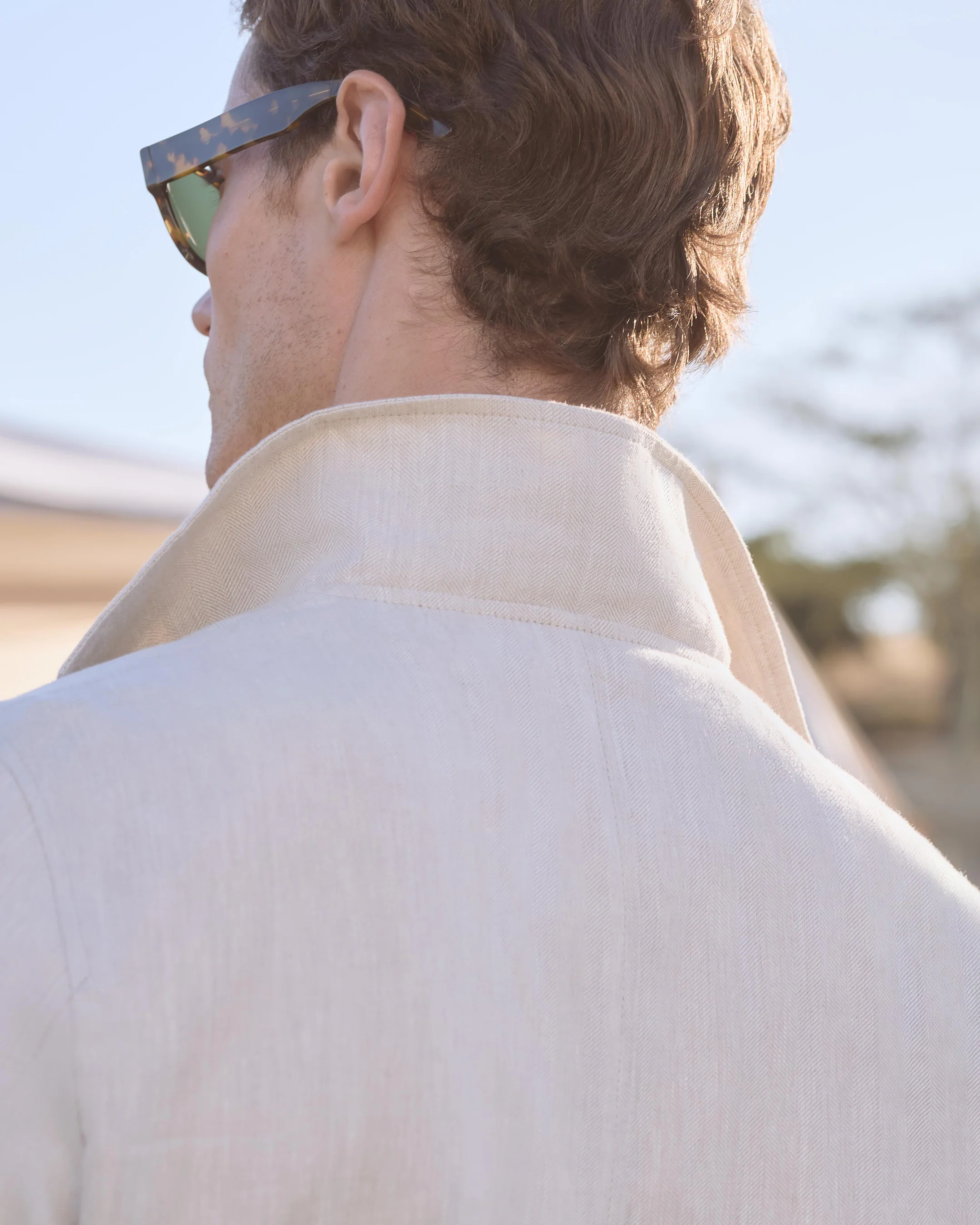 Men's Linen Blend Herringbone Safari Jacket Chalk White - Image 9