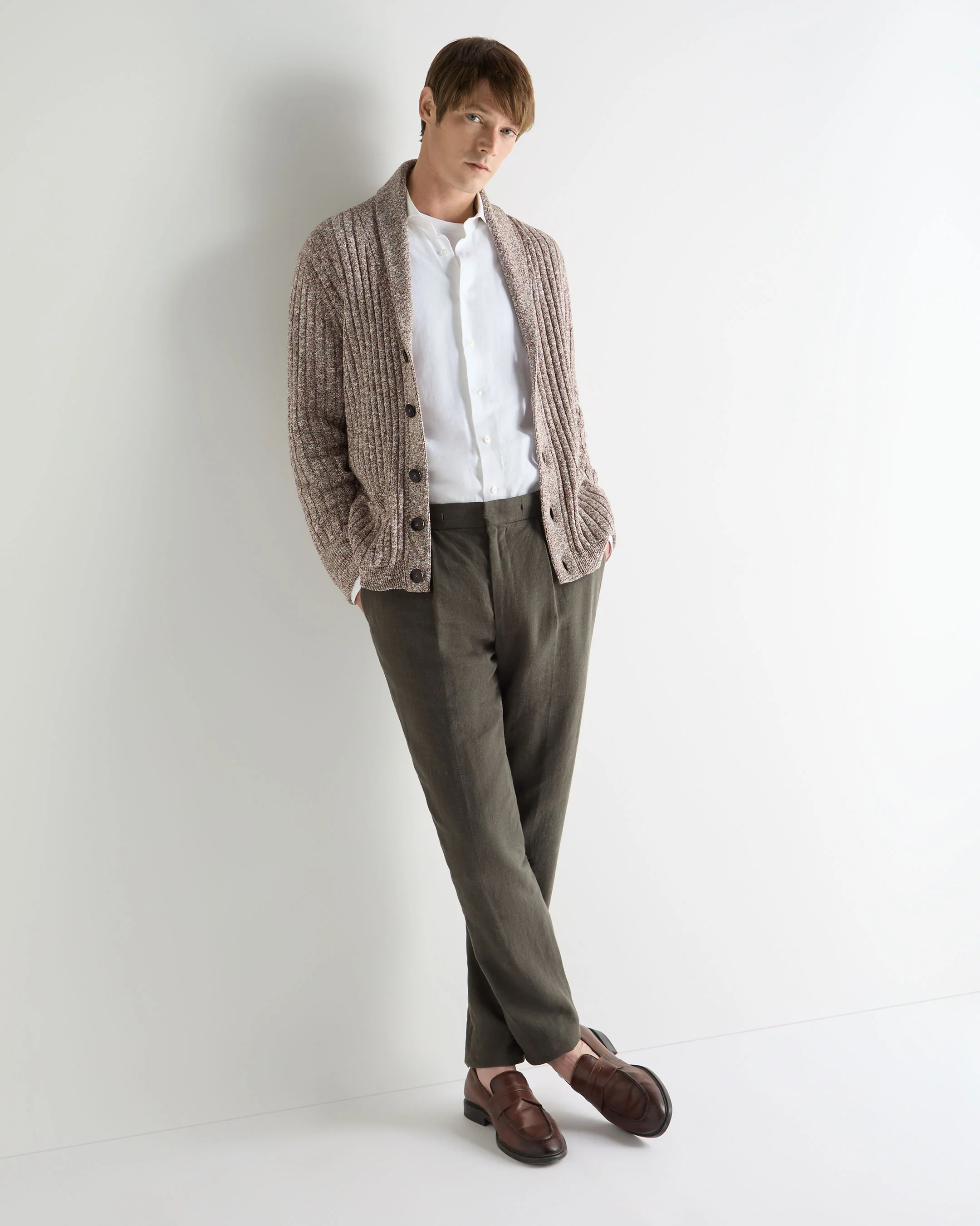 Men's Marl Shawl Cotton Blend Cardigan Brown Marl - Image 3