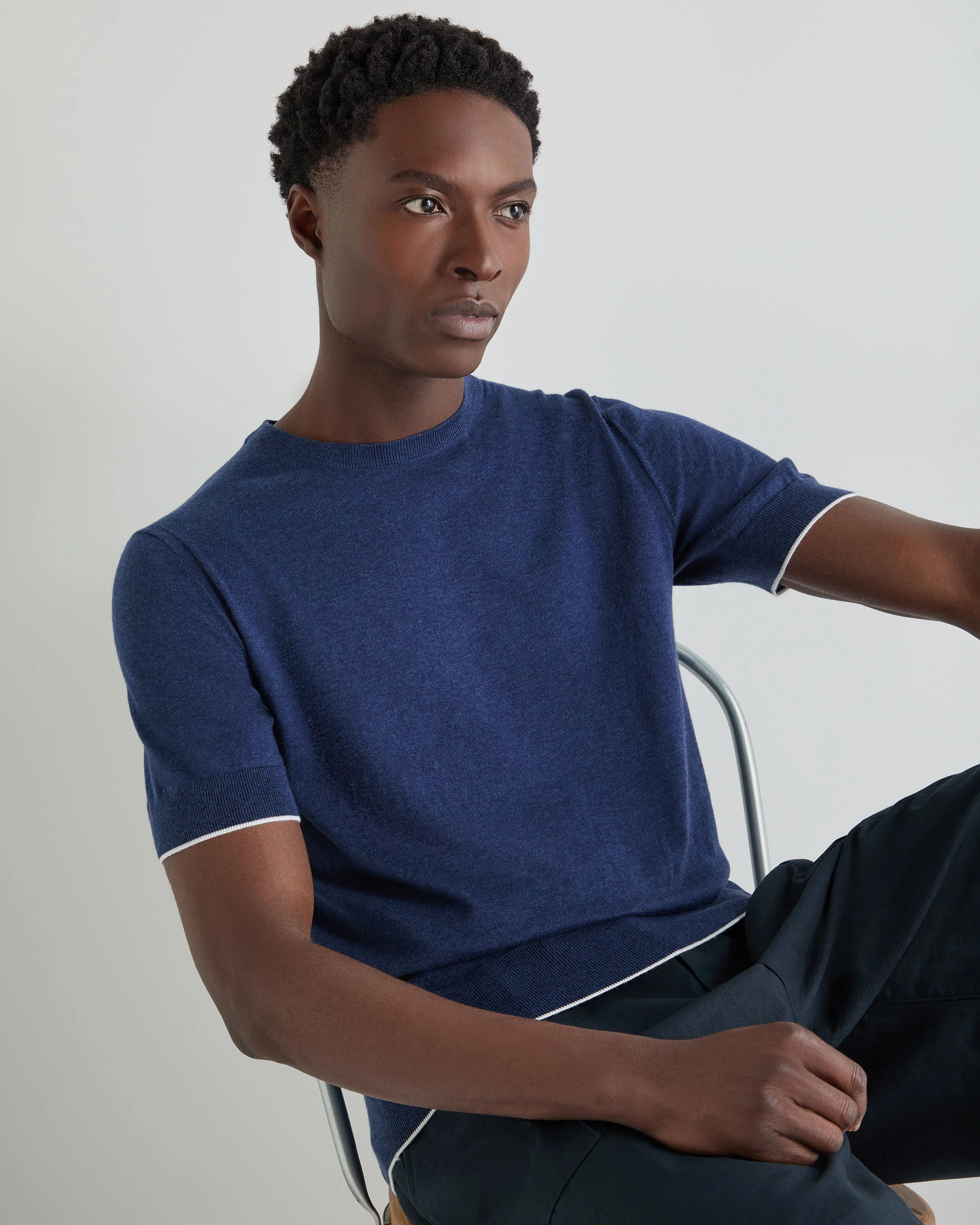 Men's Newquay Cotton Cashmere T-Shirt Dark Denim Blue - Image 5