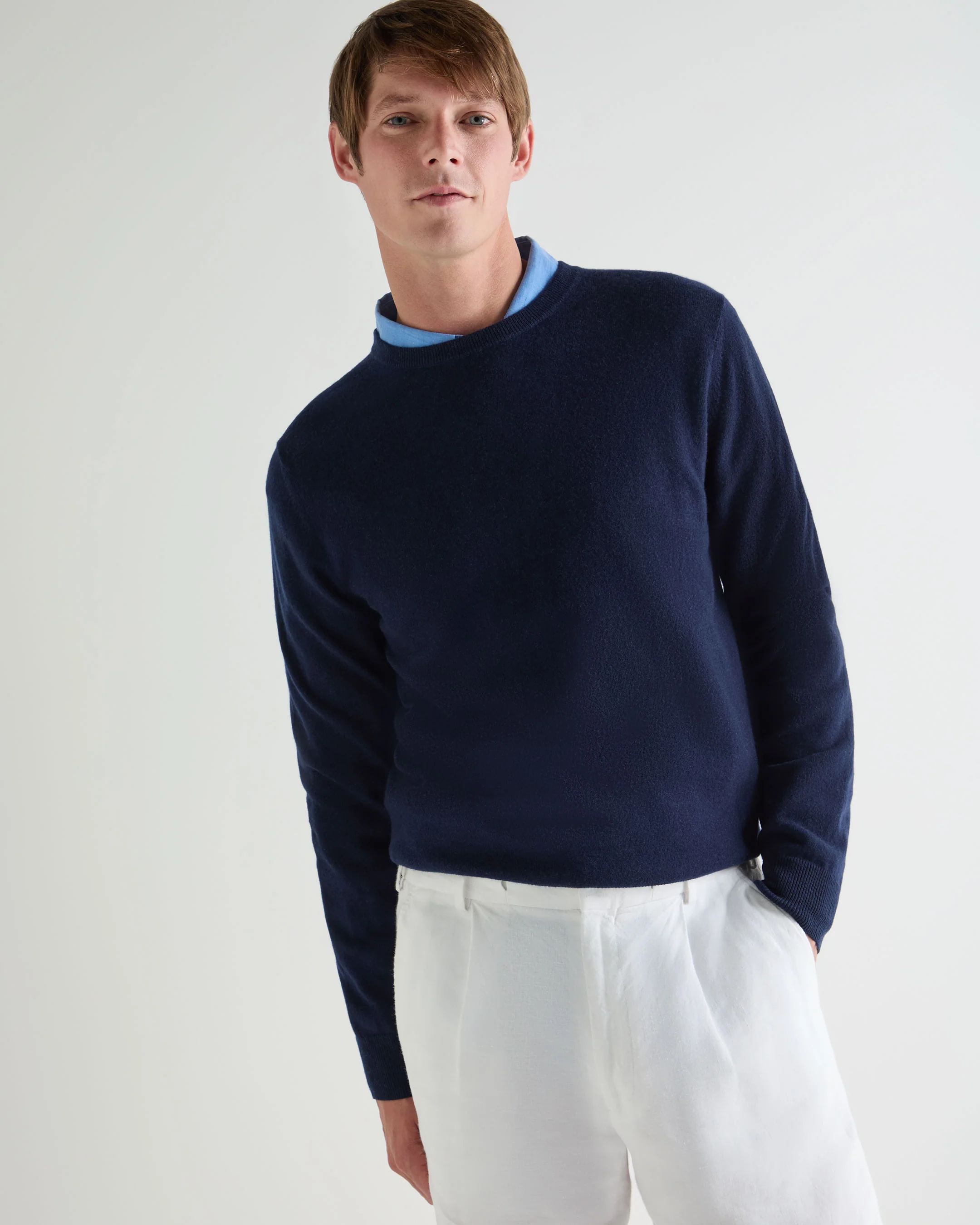 Men's Oxford Round Neck Cashmere Jumper Deep French Blue