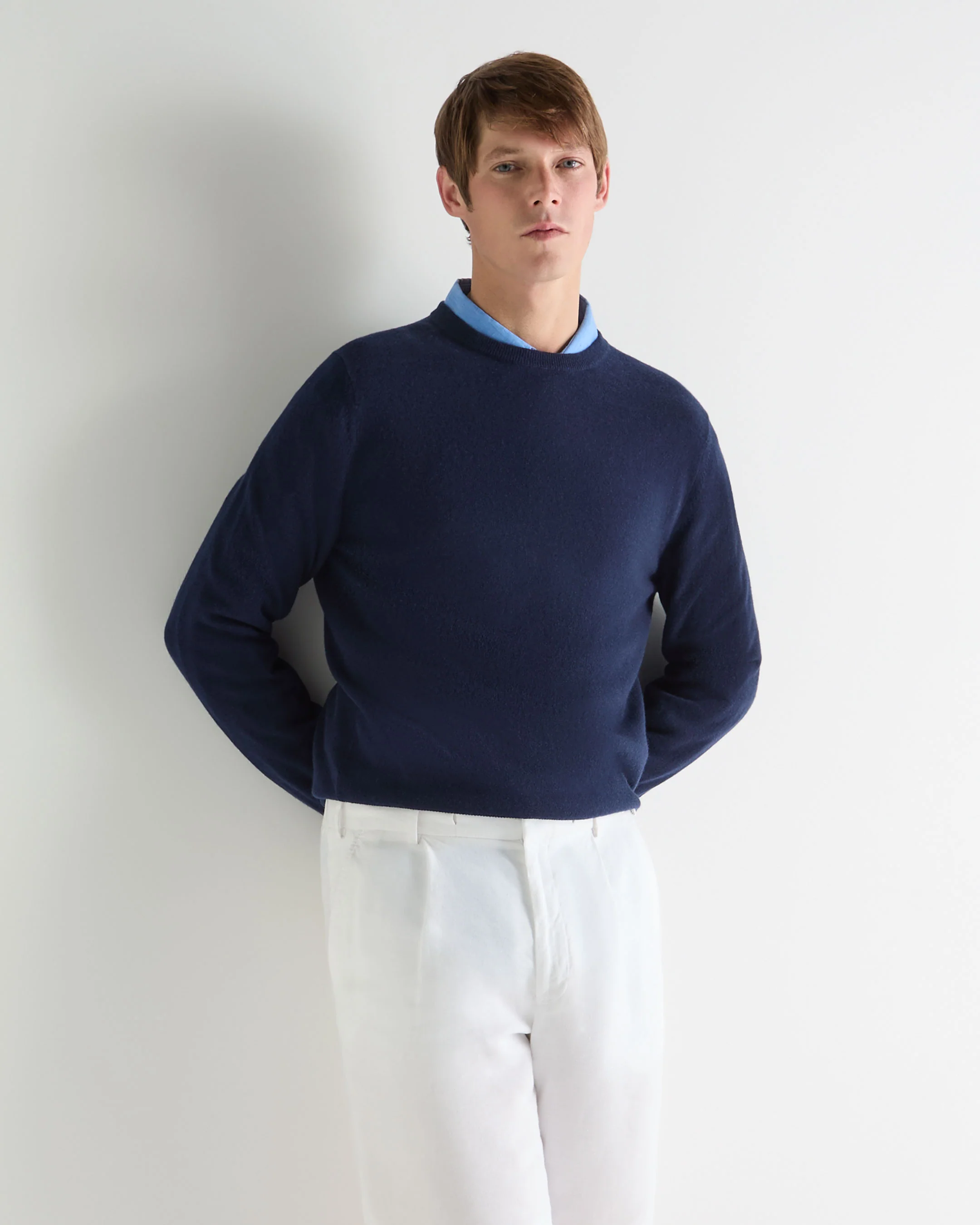 Men's Oxford Round Neck Cashmere Jumper Deep French Blue - Image 3