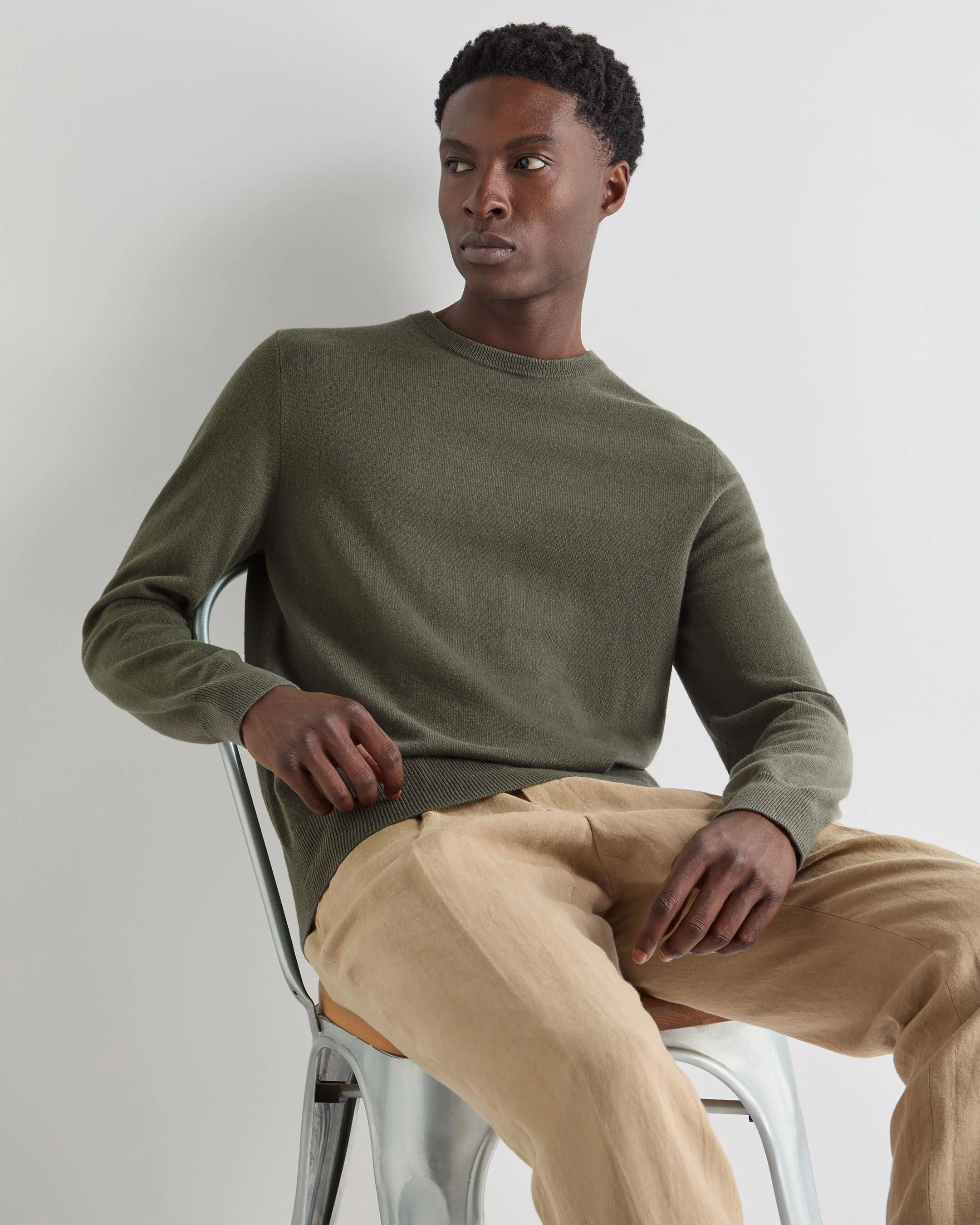 Men's Oxford Round Neck Cashmere Jumper Olive Green