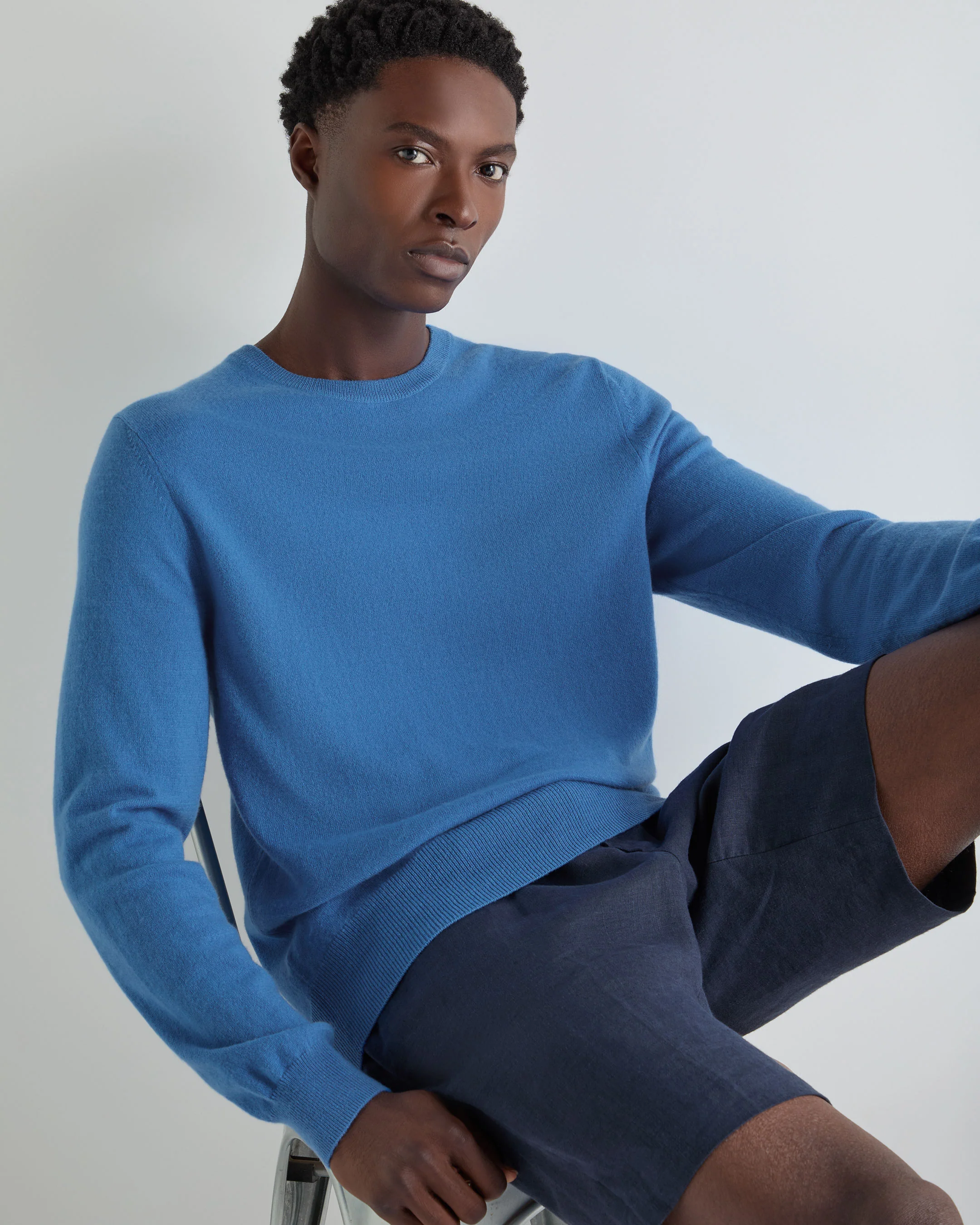 Men's Oxford Round Neck Cashmere Jumper Sunshine Blue
