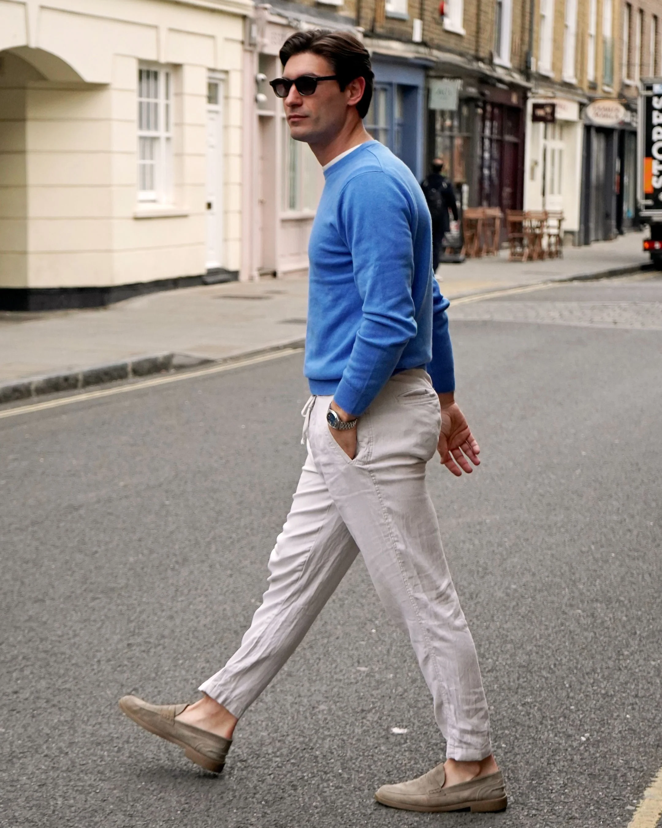 Men's Oxford Round Neck Cashmere Jumper Sunshine Blue - Image 6