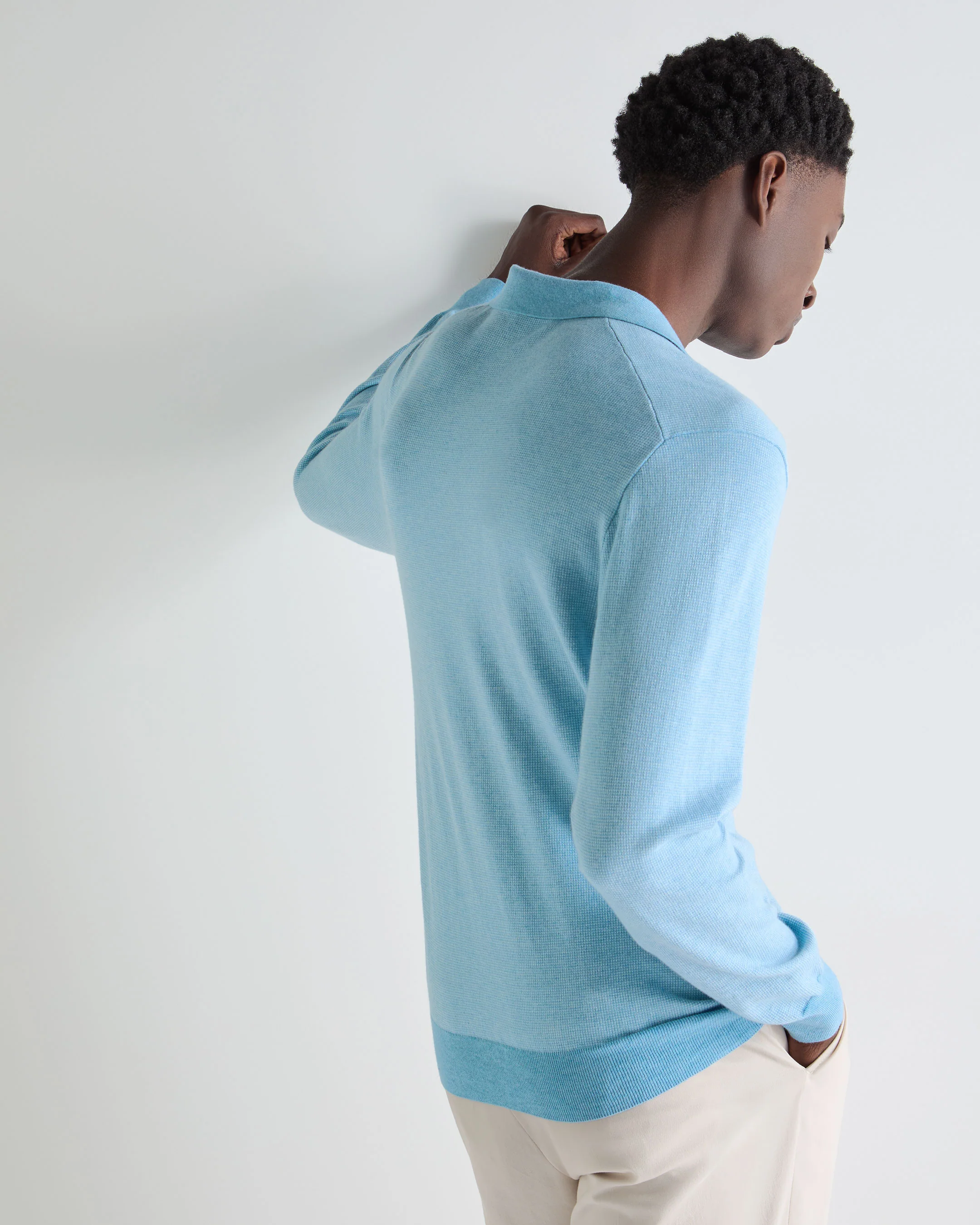 Men's Padstow Cotton Cashmere Polo Shirt Cornflower Blue - Image 4