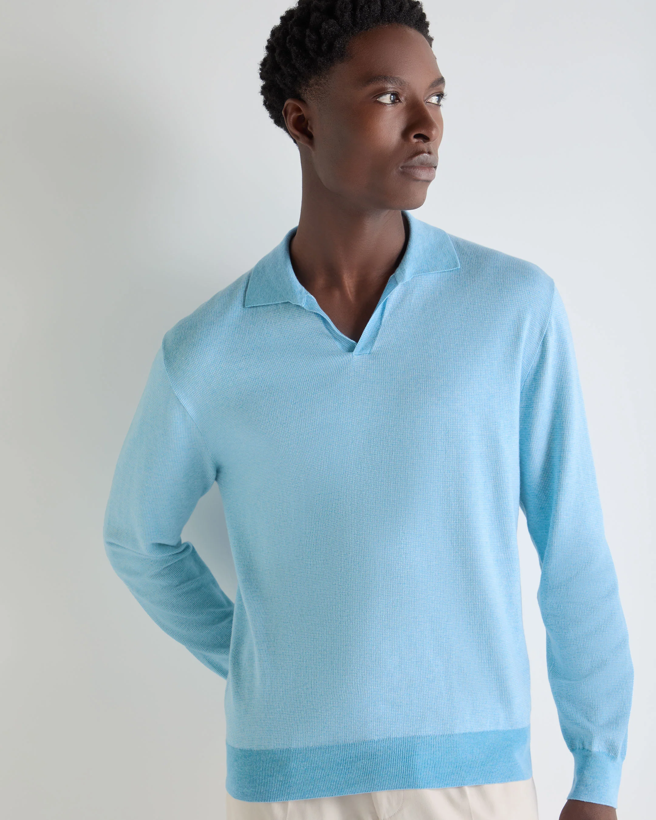 Men's Padstow Cotton Cashmere Polo Shirt Cornflower Blue - Image 5