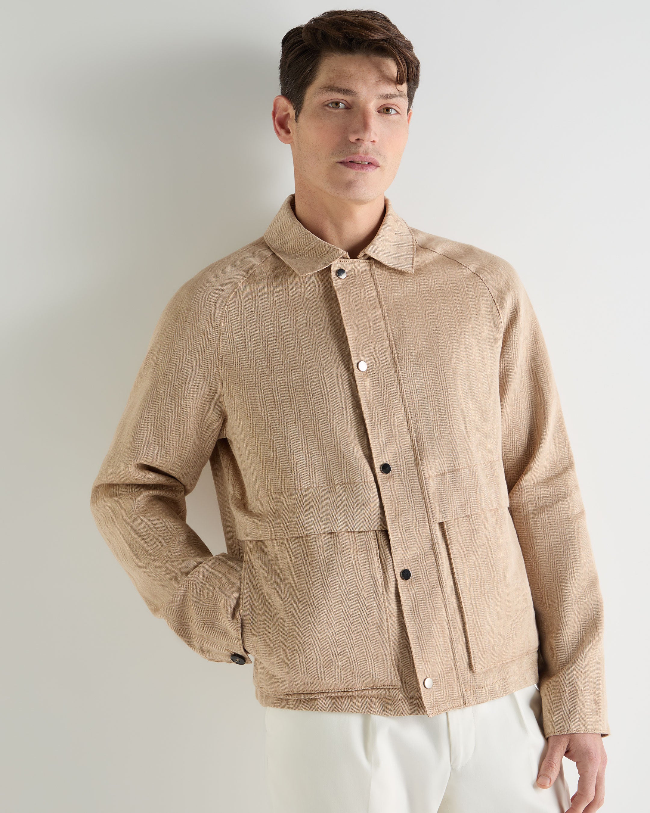 Men's Raglan Linen Blend Herringbone Jacket Light Brown - Image 6