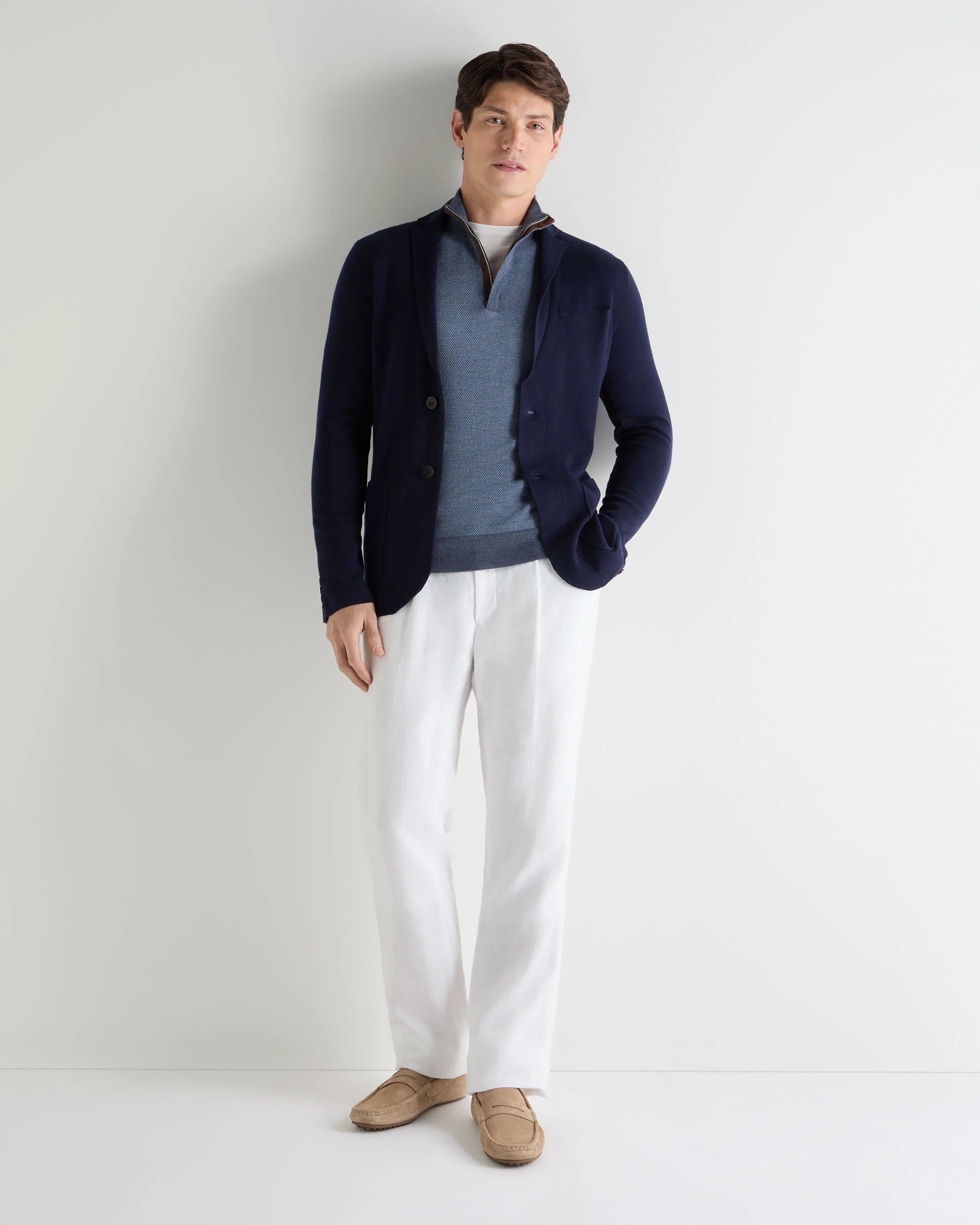 Men's Regent Birdseye Fine Gauge Cashmere Half Zip Jumper Denim Blue Birdseye - Image 3