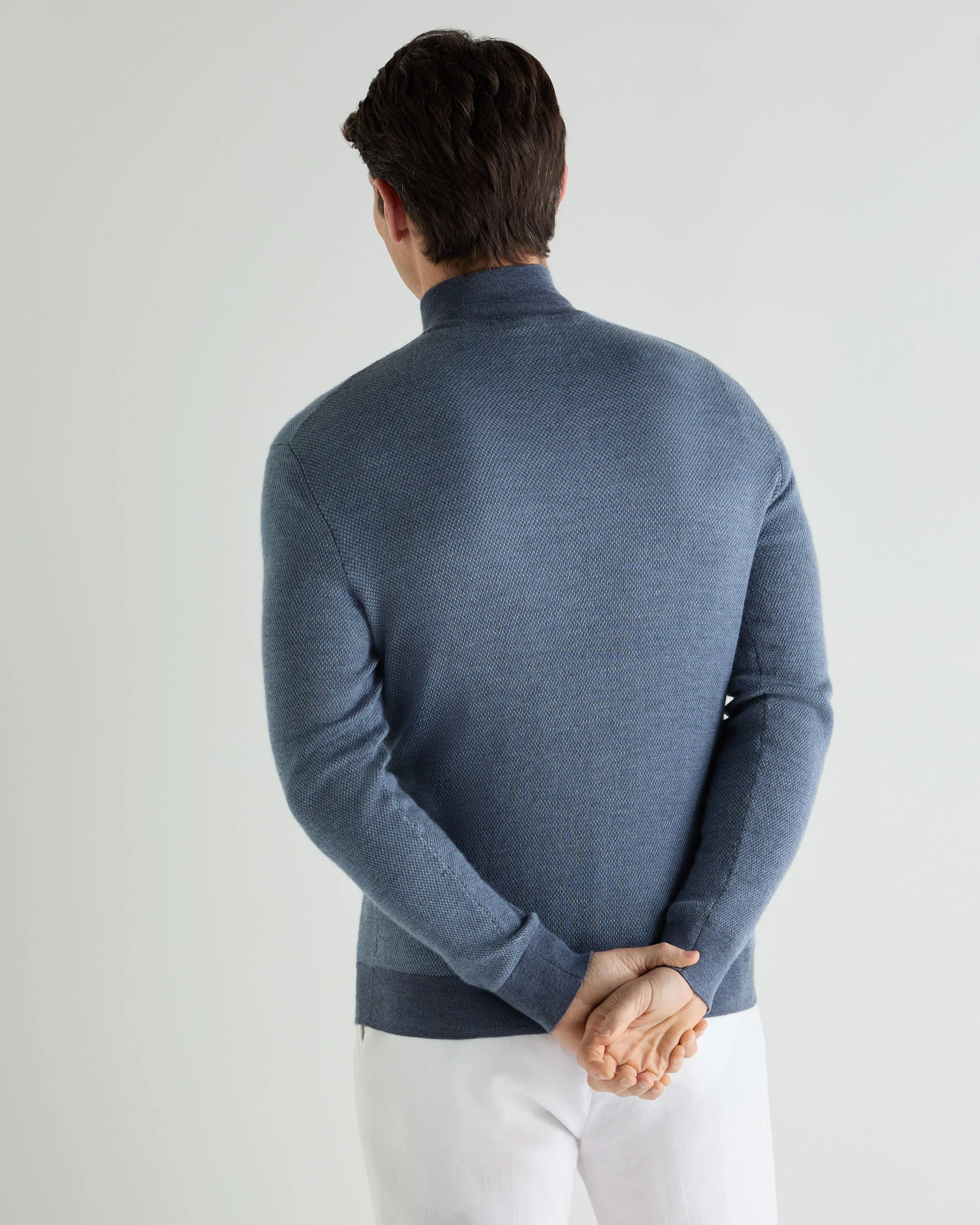 Men's Regent Birdseye Fine Gauge Cashmere Half Zip Jumper Denim Blue Birdseye - Image 4